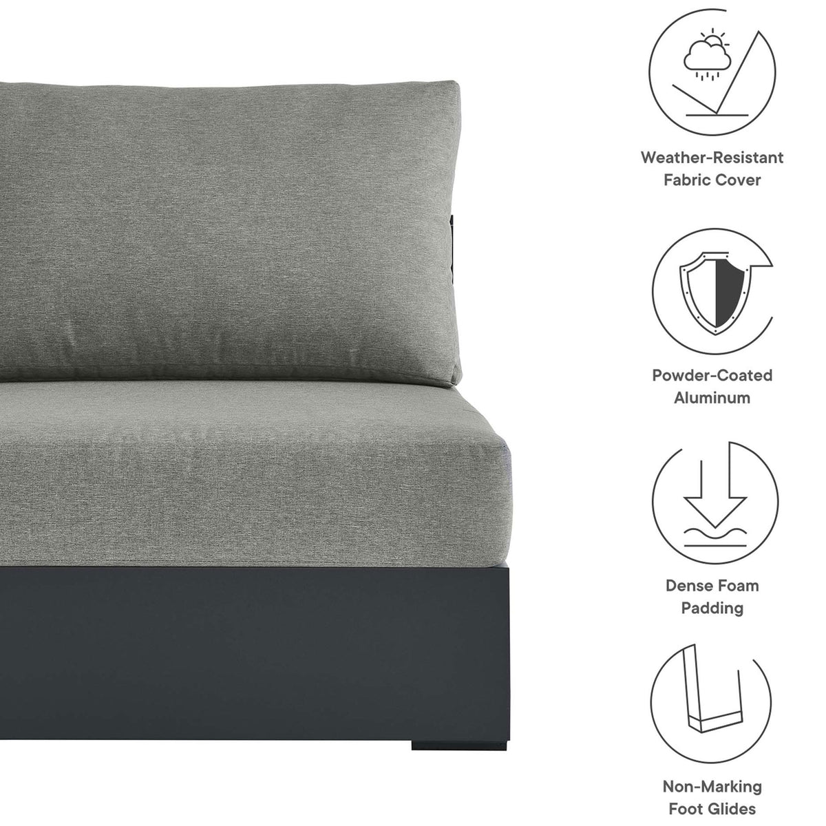 Tahoe armless chair with graphics emphasizing weather resistant fabric, sturdy aluminum frame, and dense foam comfort || EEI-6628-GRY-GRY || callout_studio