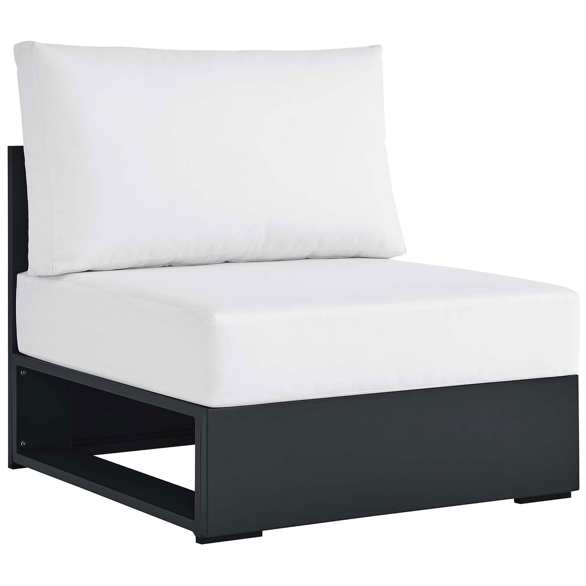 White cushioned outdoor armless chair with charcoal aluminum base for crisp modern patio seating || EEI-6628-GRY-WHI || front_angle_studio