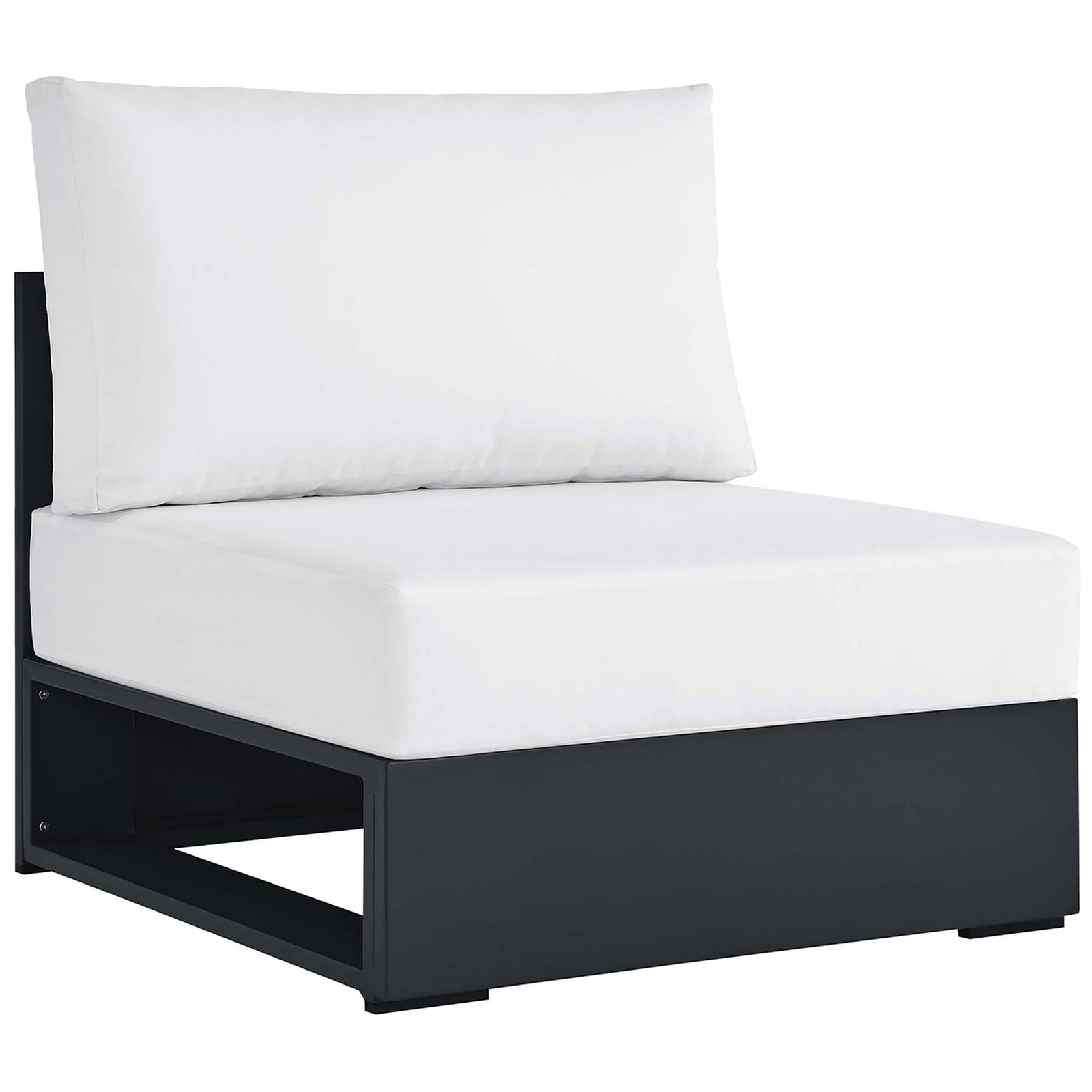 White cushioned outdoor armless chair with charcoal aluminum base for crisp modern patio seating || EEI-6628-GRY-WHI || front_angle_studio