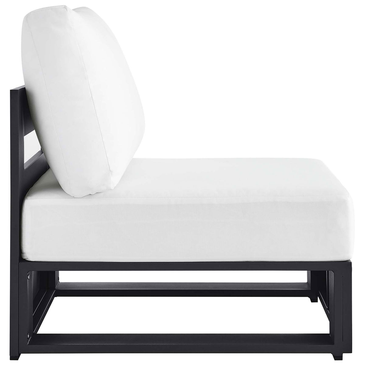 Tahoe armless chair featuring thick white seat cushion and open charcoal aluminum base for airy outdoor style || EEI-6628-GRY-WHI || side_studio