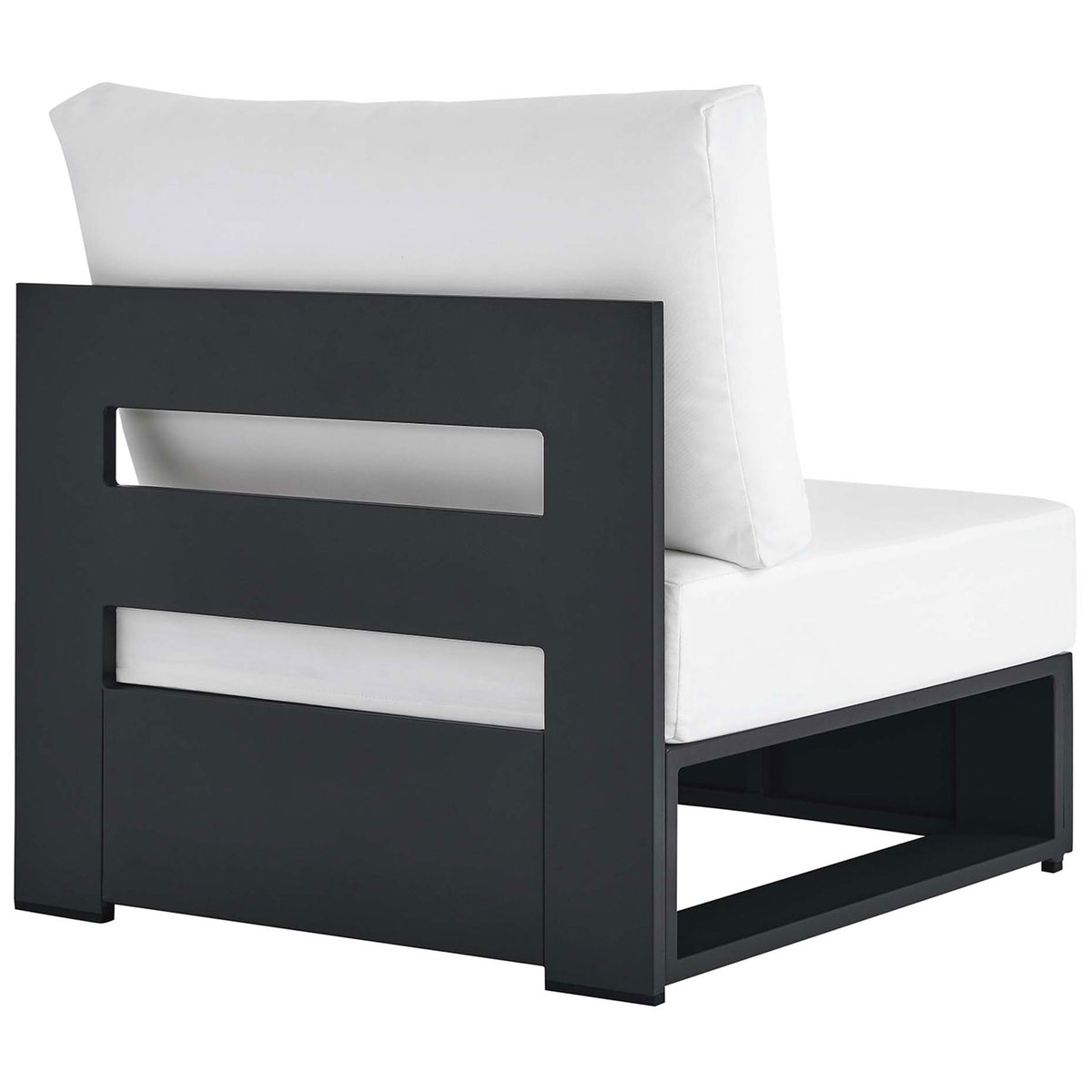 Outdoor armless chair with broad slatted backrest and bright white cushions creating striking contrast || EEI-6628-GRY-WHI || back_angle_studio