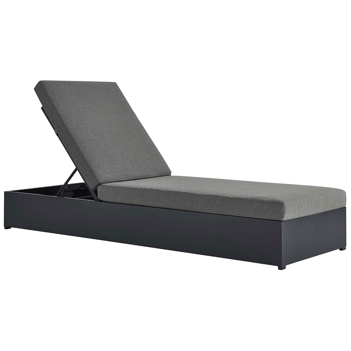 Charcoal gray cushioned chaise lounge with adjustable backrest and sleek powder-coated base || EEI-6634-GRY-CHA || front_angle_studio
