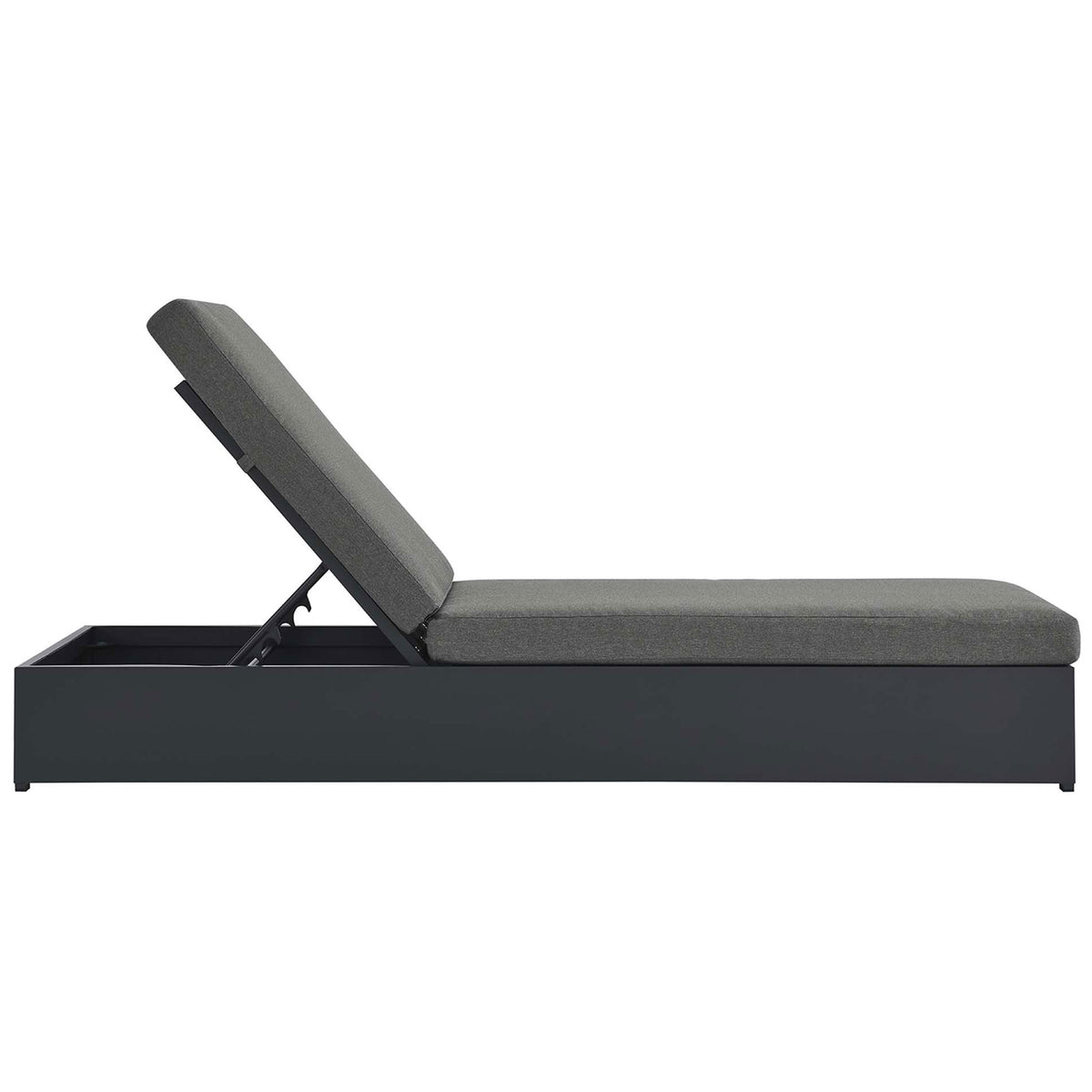 Charcoal outdoor chaise lounge showing the long cushioned seat and sturdy metal frame || EEI-6634-GRY-CHA || side_studio