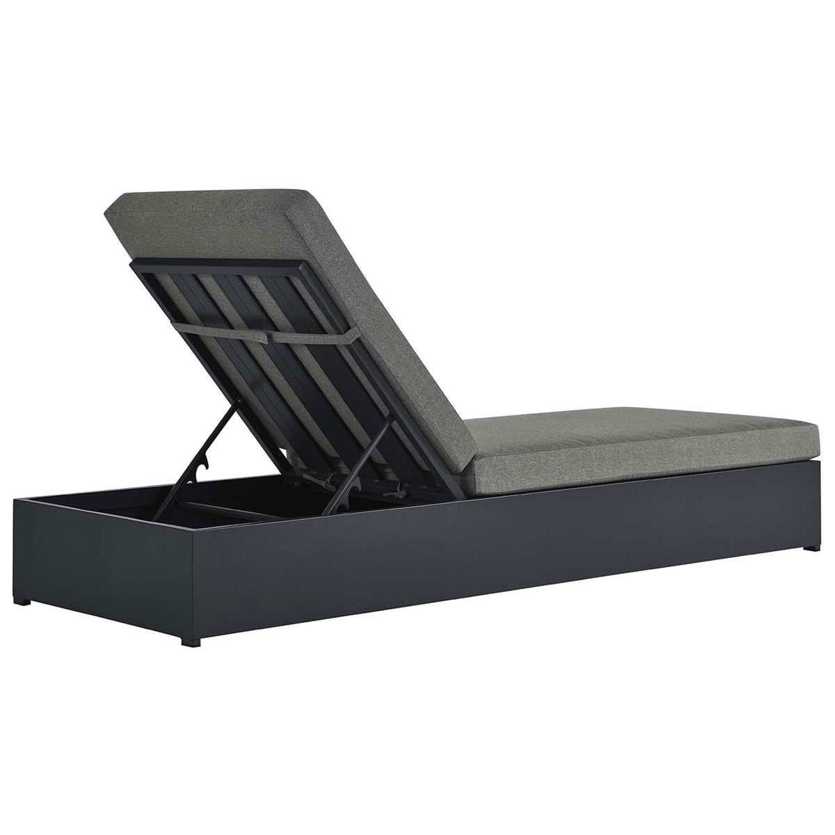 Charcoal patio chaise highlighting the slatted reclining back support and hidden adjustment hardware || EEI-6634-GRY-CHA || back_angle_studio