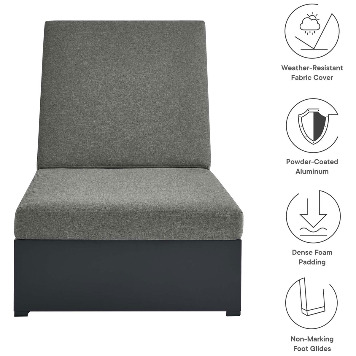 Charcoal chaise lounge features weather-resistant fabric, powder-coated aluminum, and dense foam padding || EEI-6634-GRY-CHA || callout_studio