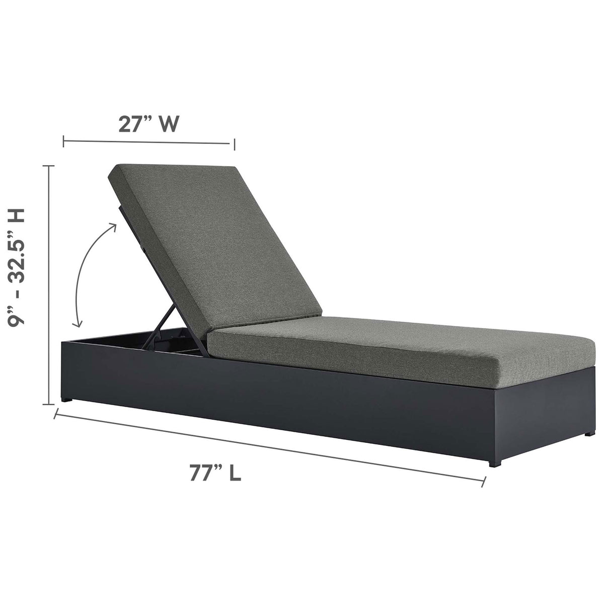 Charcoal chaise lounge with measurements of 27 inches wide, 77 inches long, and 9 to 32.5 inches high || EEI-6634-GRY-CHA || dimension_studio