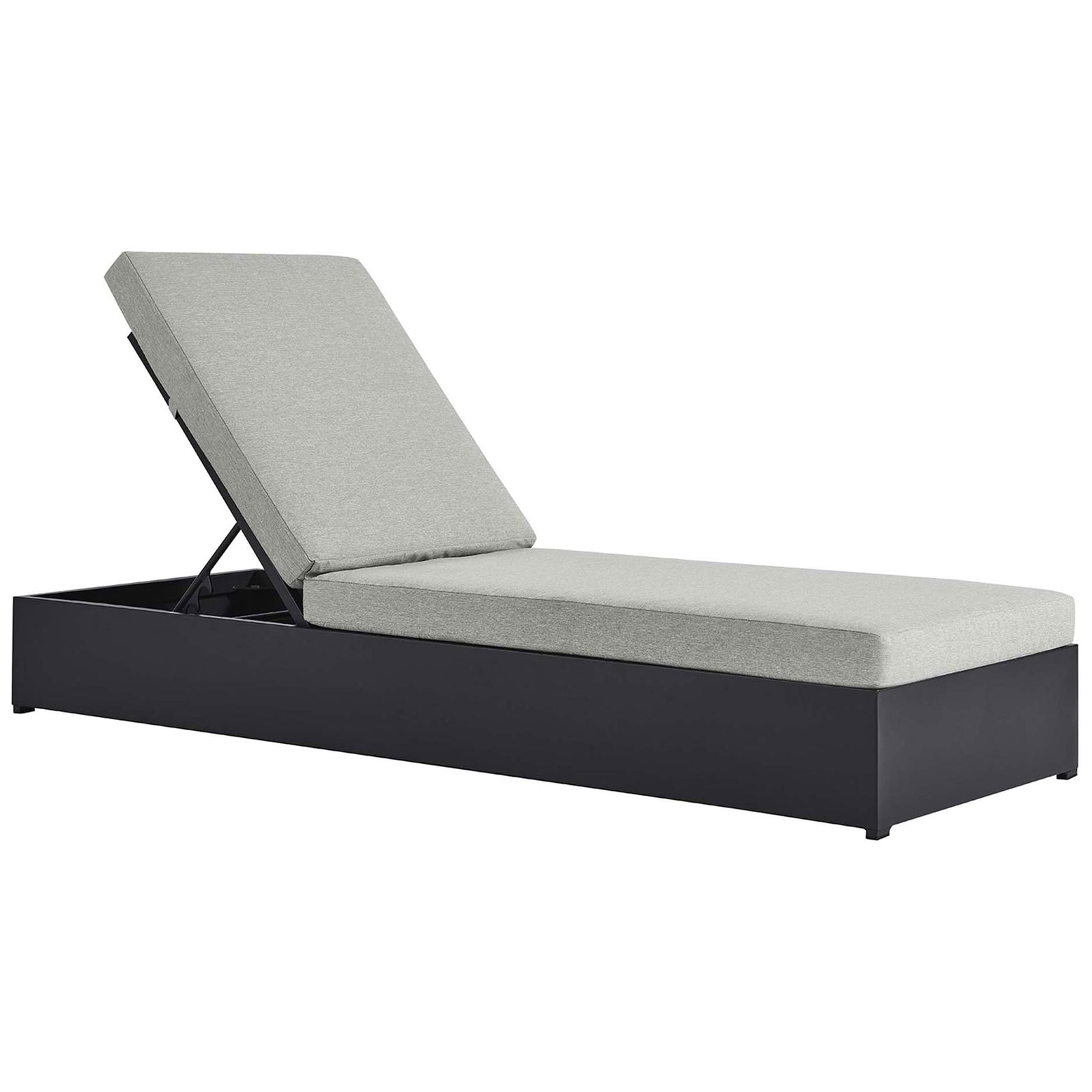 Light gray cushioned chaise lounge with adjustable backrest on a dark charcoal aluminum base || EEI-6634-GRY-GRY || front_angle_studio