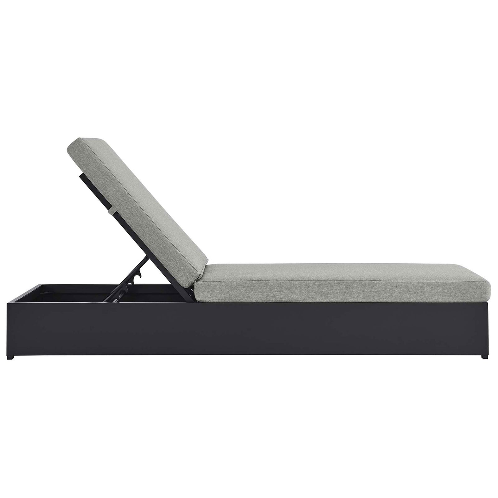 Light gray outdoor chaise lounge highlighting the long cushion and slim rectangular frame || EEI-6634-GRY-GRY || side_studio