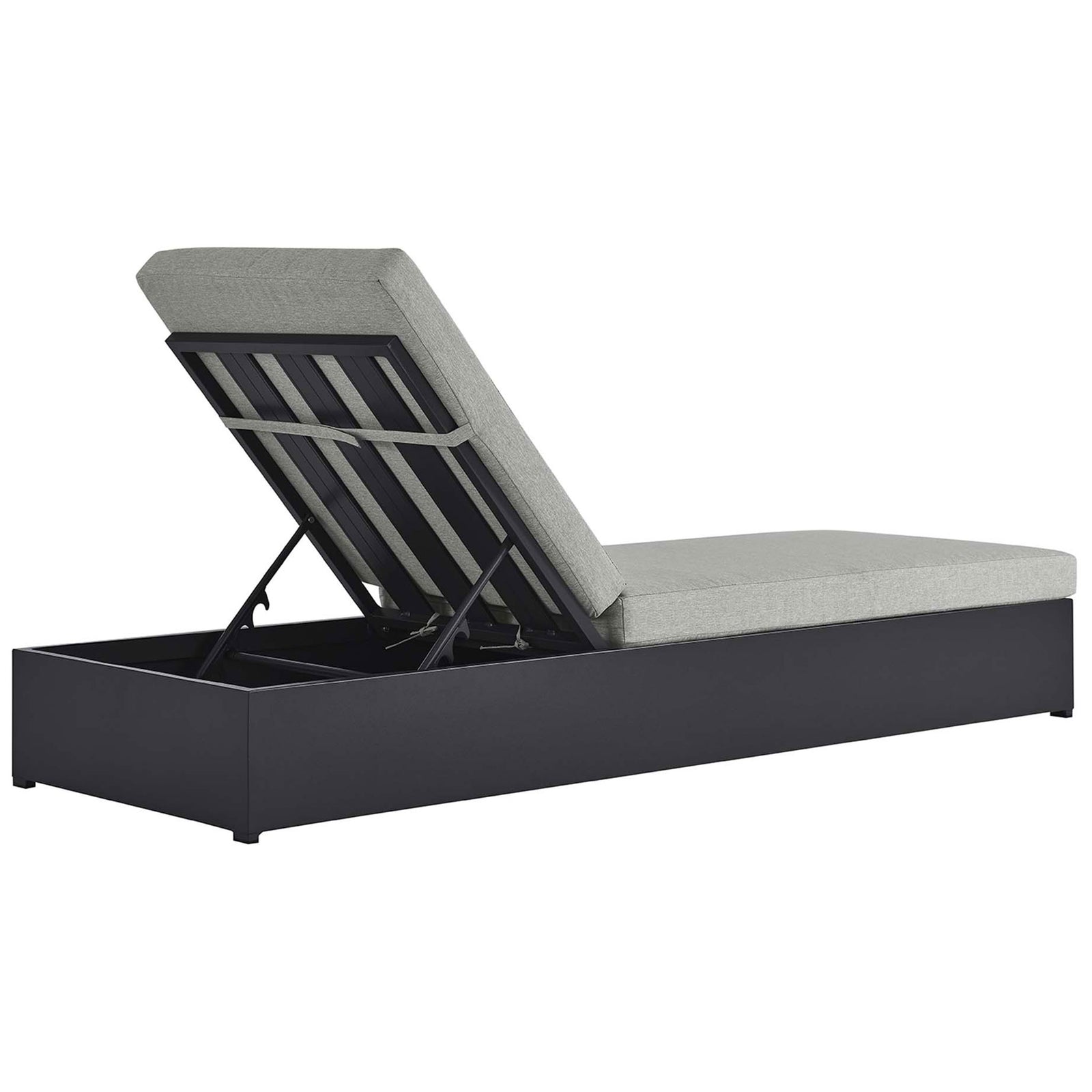 Light gray patio chaise showing the slatted reclining back and durable metal support structure || EEI-6634-GRY-GRY || back_angle_studio