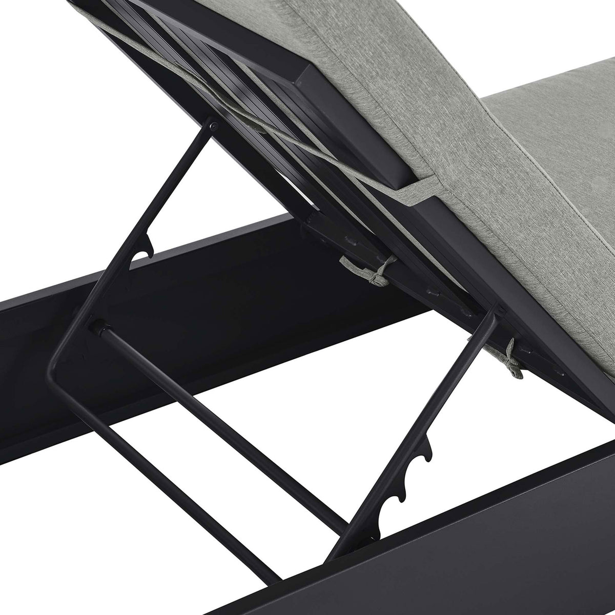 Reclining support hardware beneath the light gray cushion with metal brackets and multiple slots || EEI-6634-GRY-GRY || detail_studio