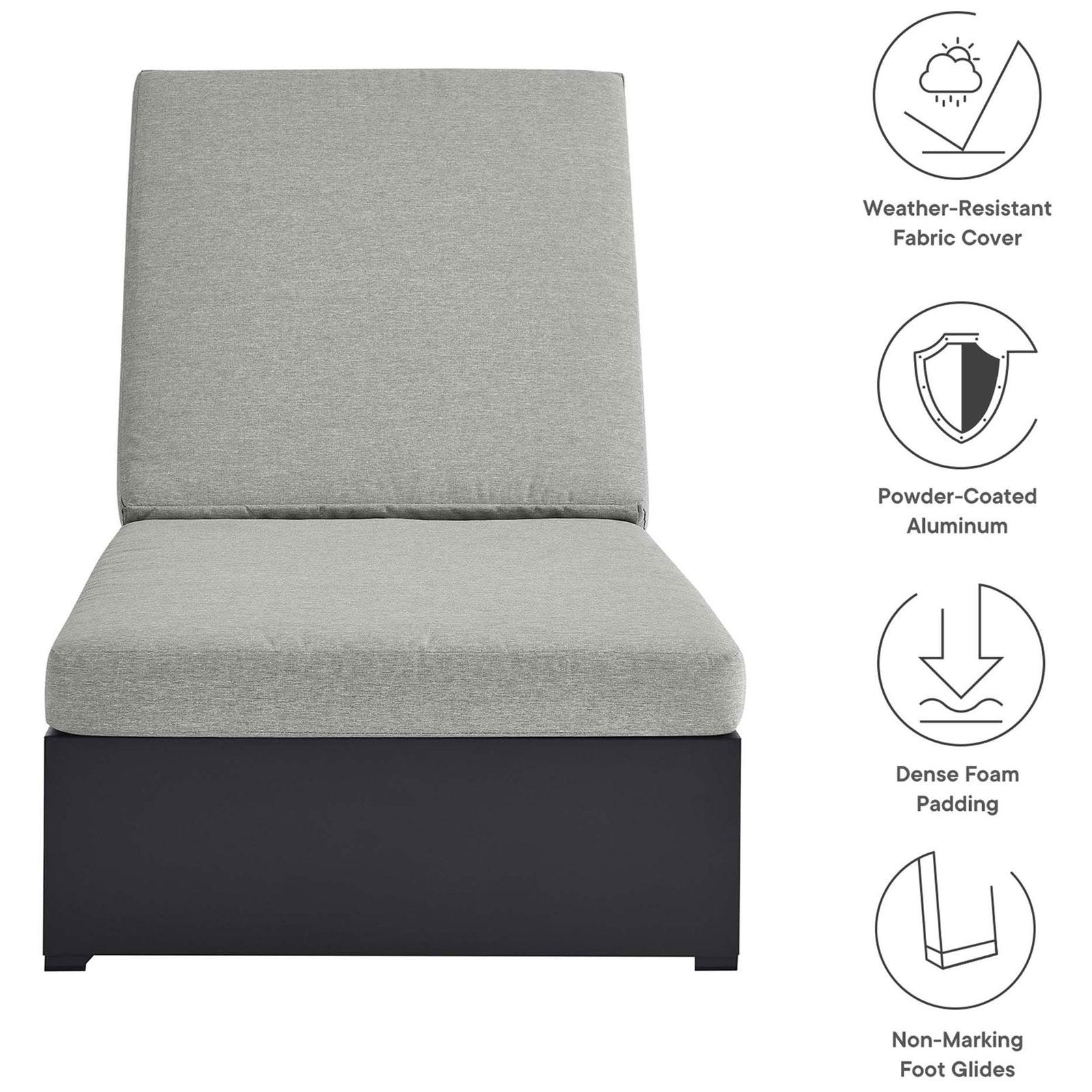 Light gray chaise lounge features weather-resistant fabric, powder-coated aluminum, and dense foam support || EEI-6634-GRY-GRY || callout_studio