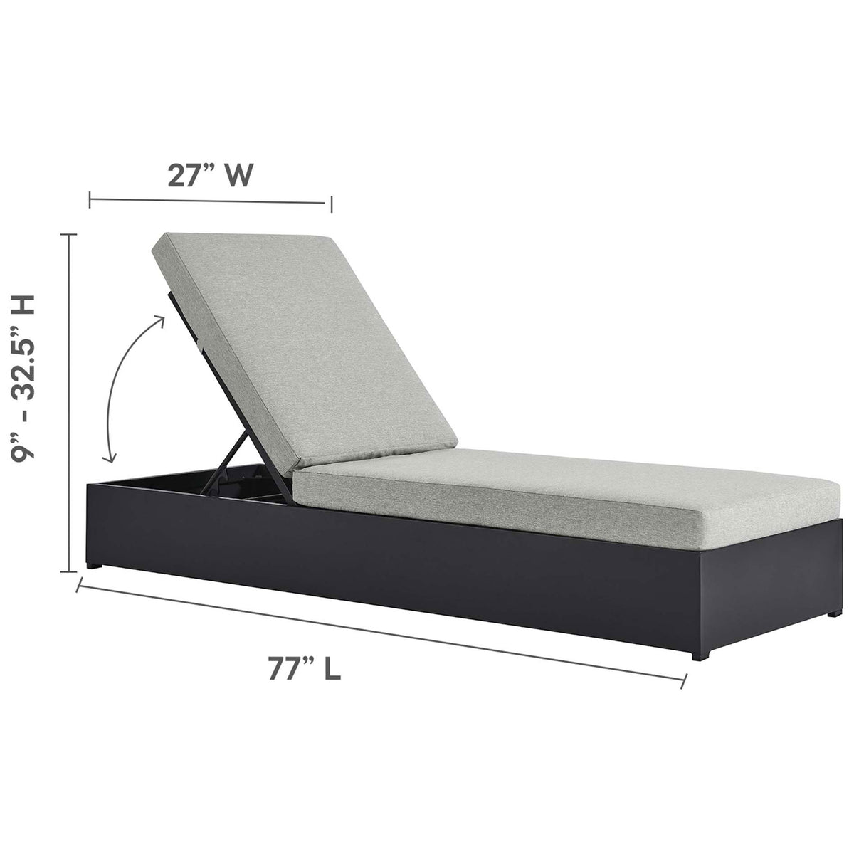 Light gray chaise lounge with dimensions of 27 inches wide, 77 inches long, and 9 to 32.5 inches high || EEI-6634-GRY-GRY || dimension_studio