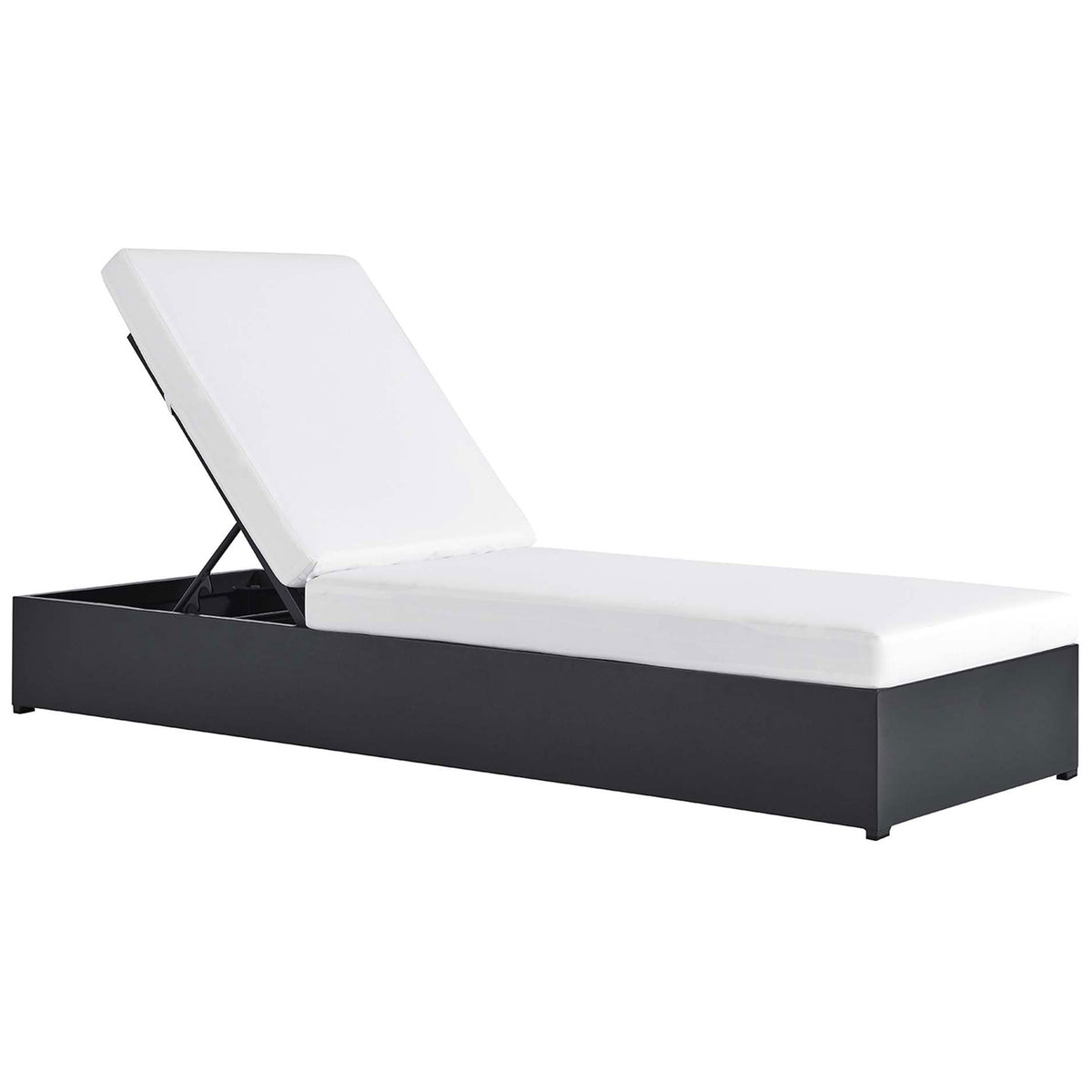 White cushioned chaise lounge with adjustable backrest atop a dark charcoal aluminum base || EEI-6634-GRY-WHI || front_angle_studio