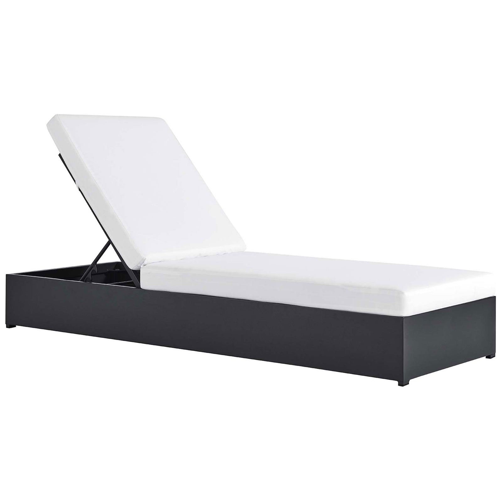White cushioned chaise lounge with adjustable backrest atop a dark charcoal aluminum base || EEI-6634-GRY-WHI || front_angle_studio