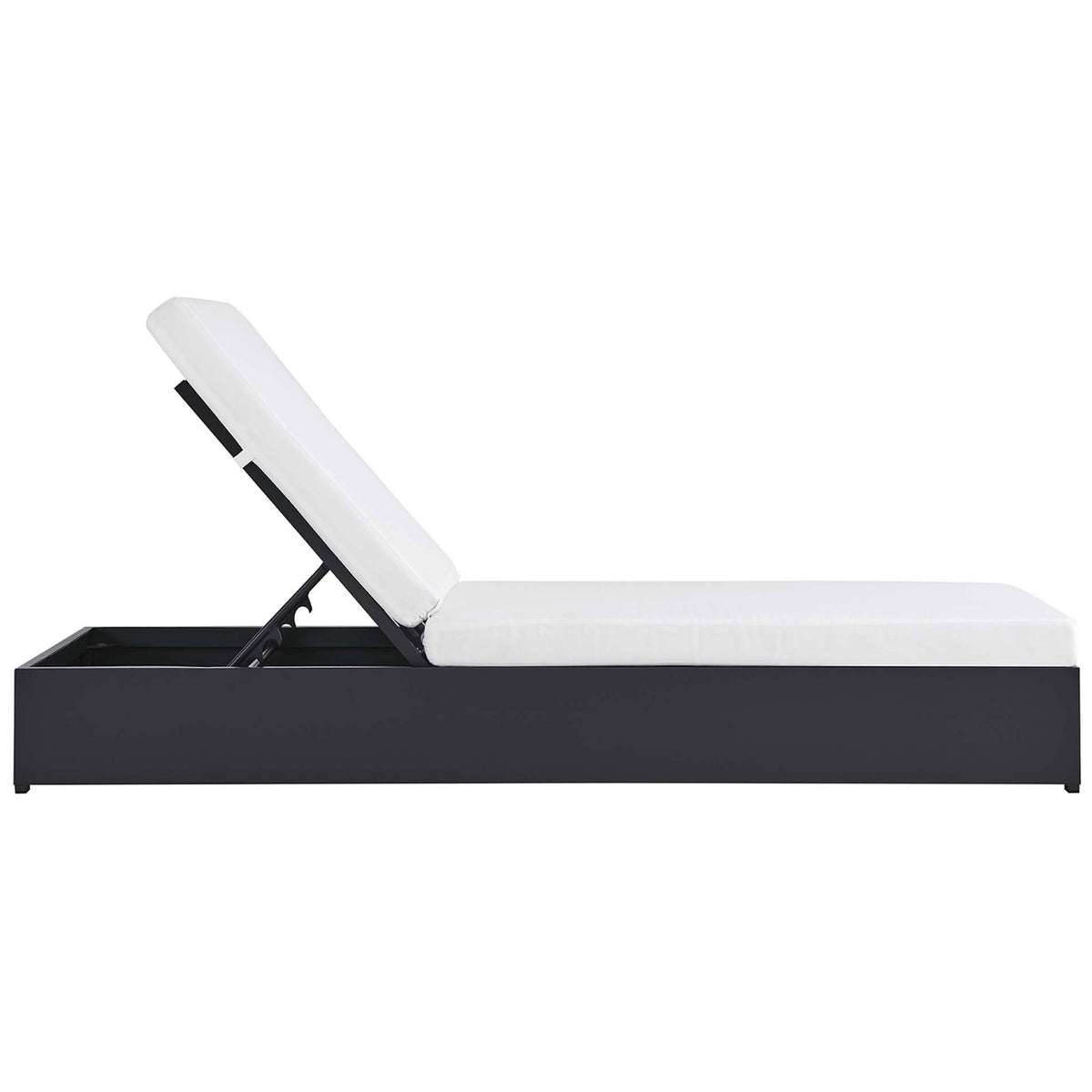White outdoor chaise lounge highlighting the long foam cushion and sturdy metal frame || EEI-6634-GRY-WHI || side_studio