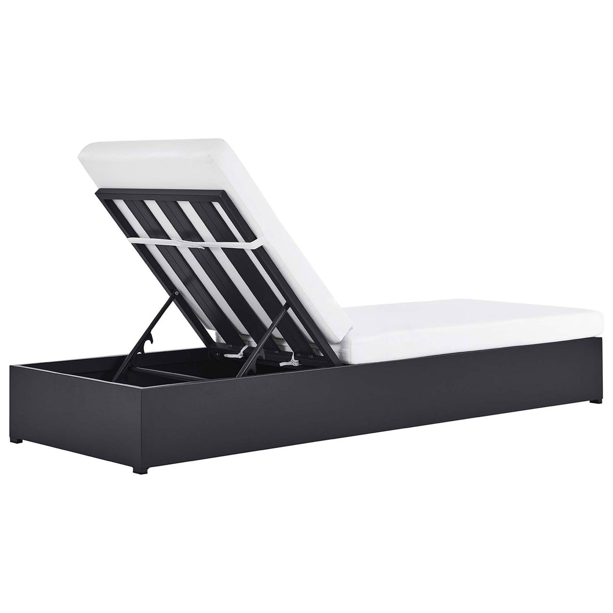 White patio chaise showing the slatted reclining back and supportive powder-coated structure || EEI-6634-GRY-WHI || back_angle_studio