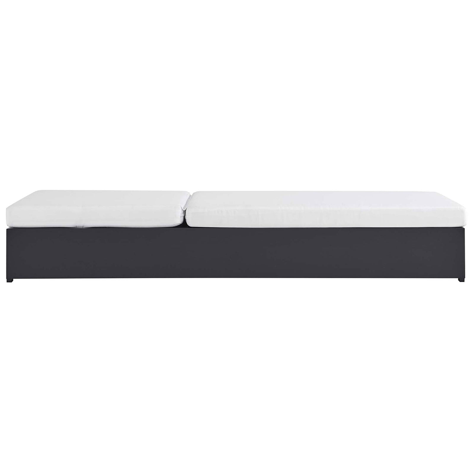 White chaise laid flat to form a full-length sunbed on a sleek dark gray rectangular base || EEI-6634-GRY-WHI || side_converted_studio