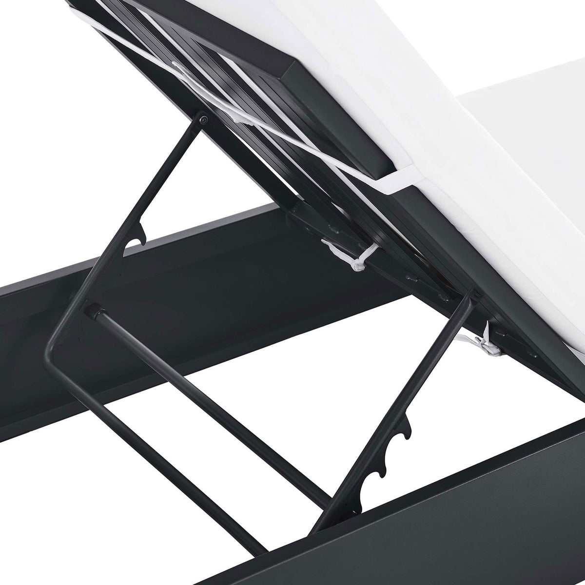 Reclining support mechanism beneath the white cushion with durable metal brackets and slots || EEI-6634-GRY-WHI || detail_studio