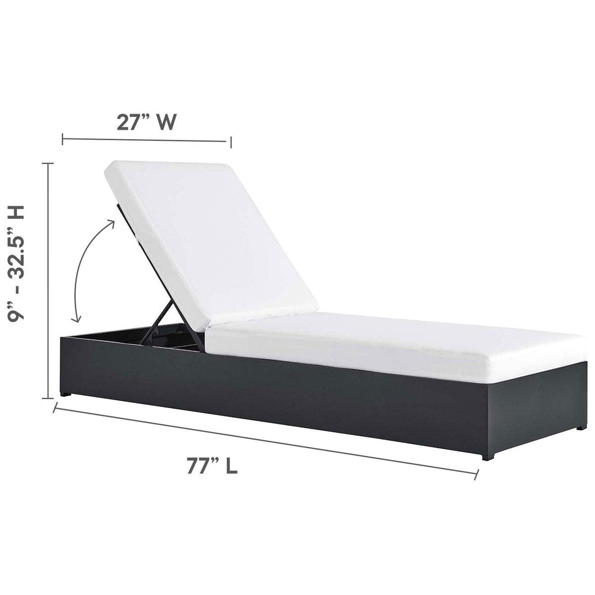 White chaise lounge with measurements of 27 inches wide, 77 inches long, and 9 to 32.5 inches high || EEI-6634-GRY-WHI || dimension_studio