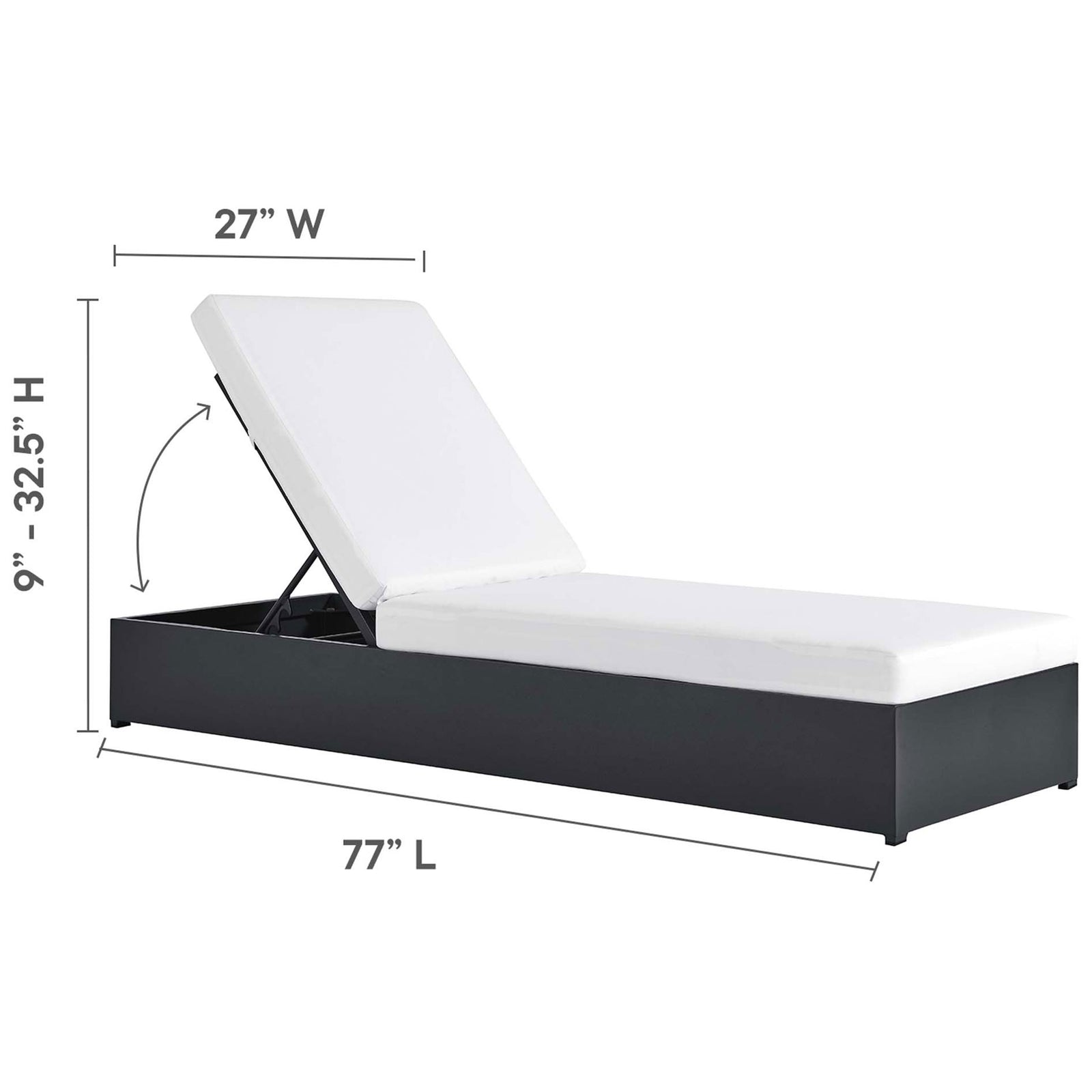 White chaise lounge with measurements of 27 inches wide, 77 inches long, and 9 to 32.5 inches high || EEI-6634-GRY-WHI || dimension_studio