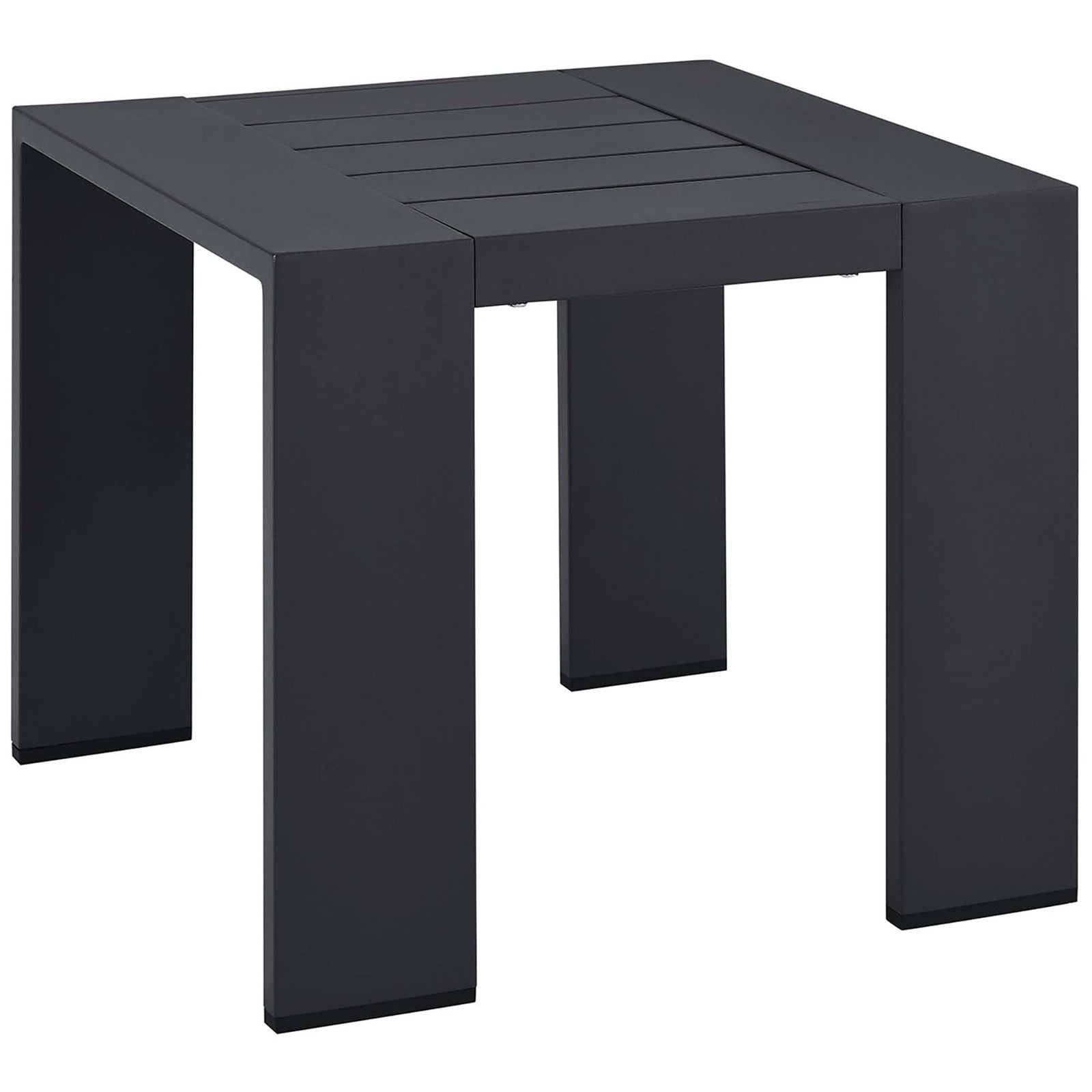 Modern gray aluminum patio side table featuring wide legs and a sleek slatted tabletop. || EEI-6635-GRY || front_angle_studio