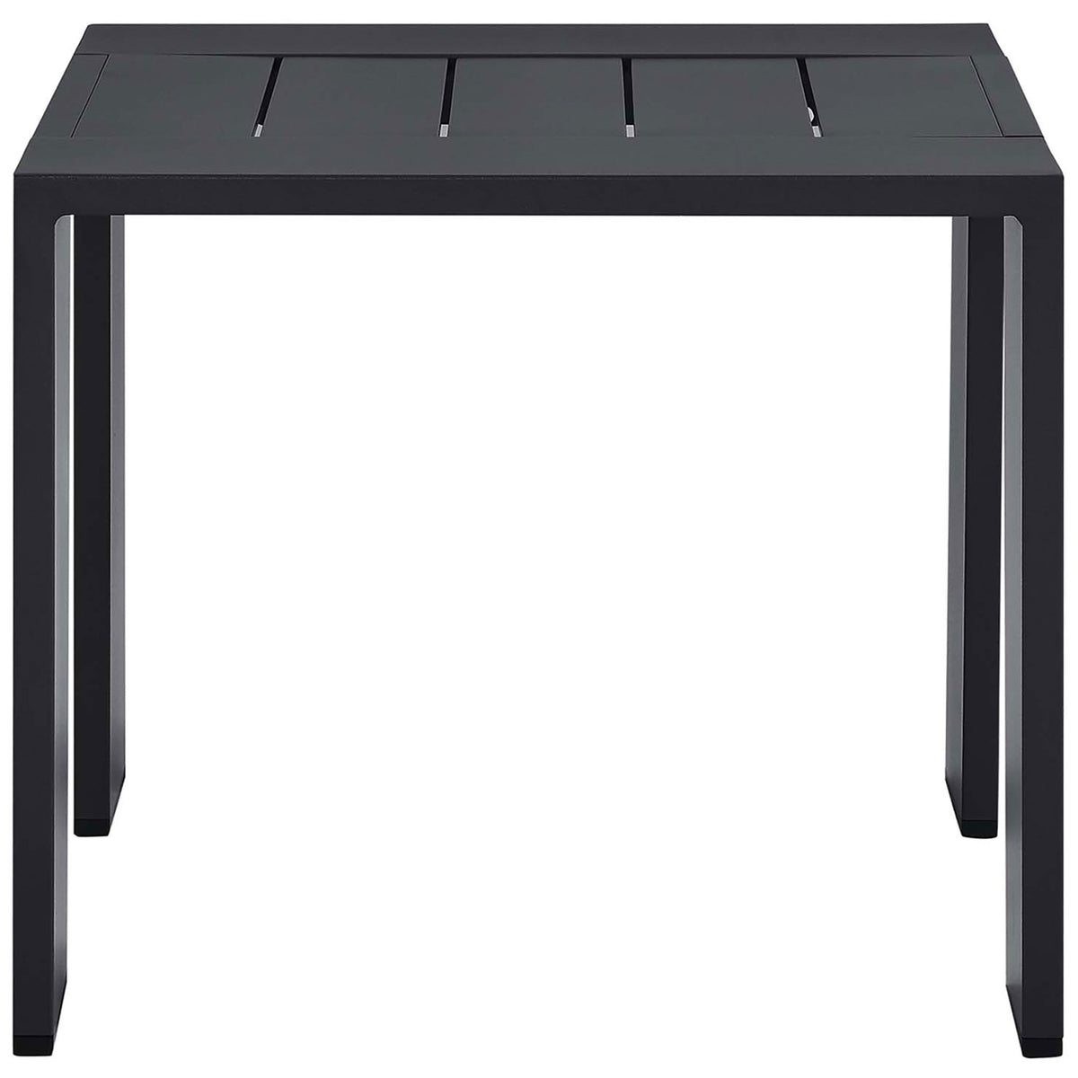 Gray powder coated aluminum outdoor end table with clean square profile and slatted top. || EEI-6635-GRY || front_studio