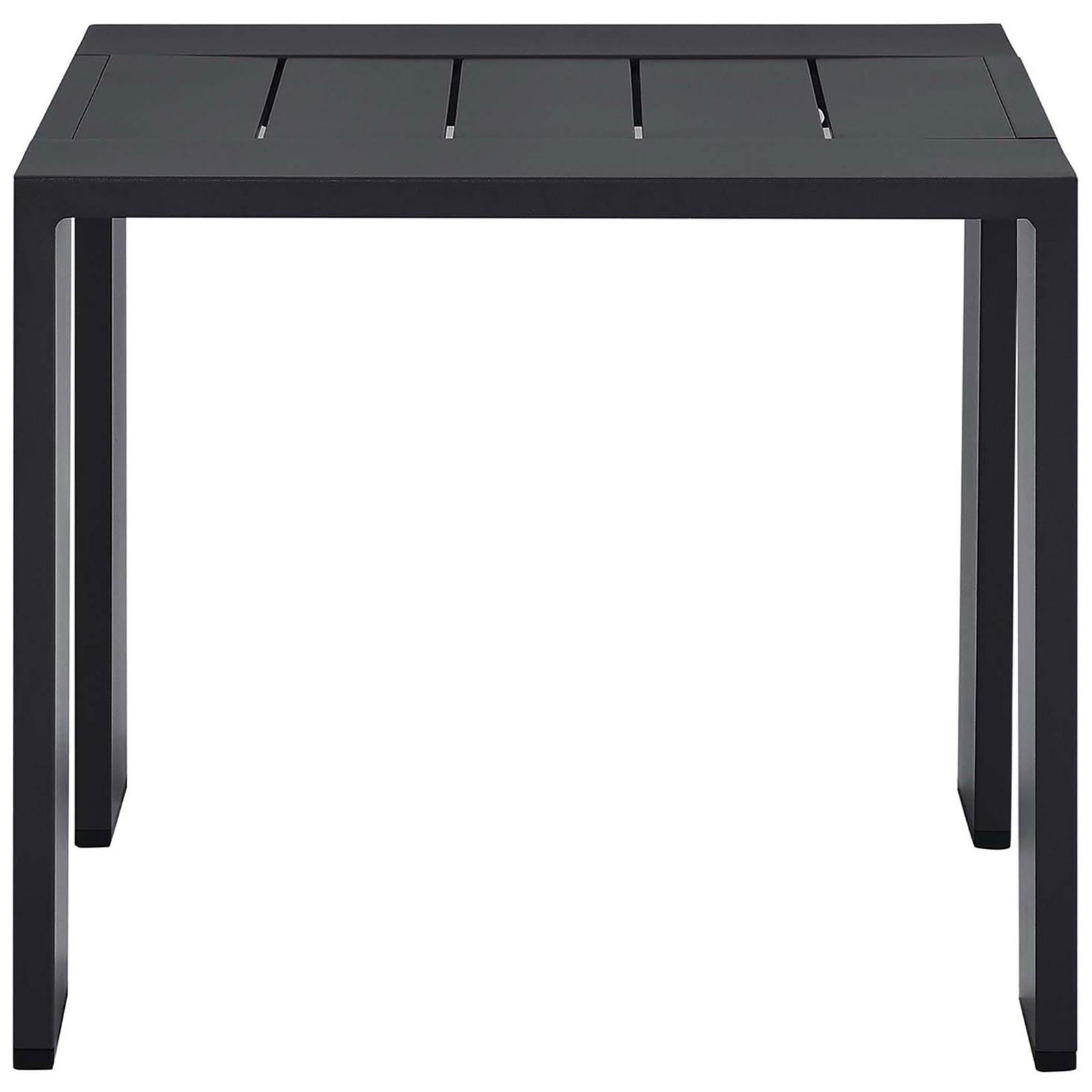 Gray powder coated aluminum outdoor end table with clean square profile and slatted top. || EEI-6635-GRY || front_studio