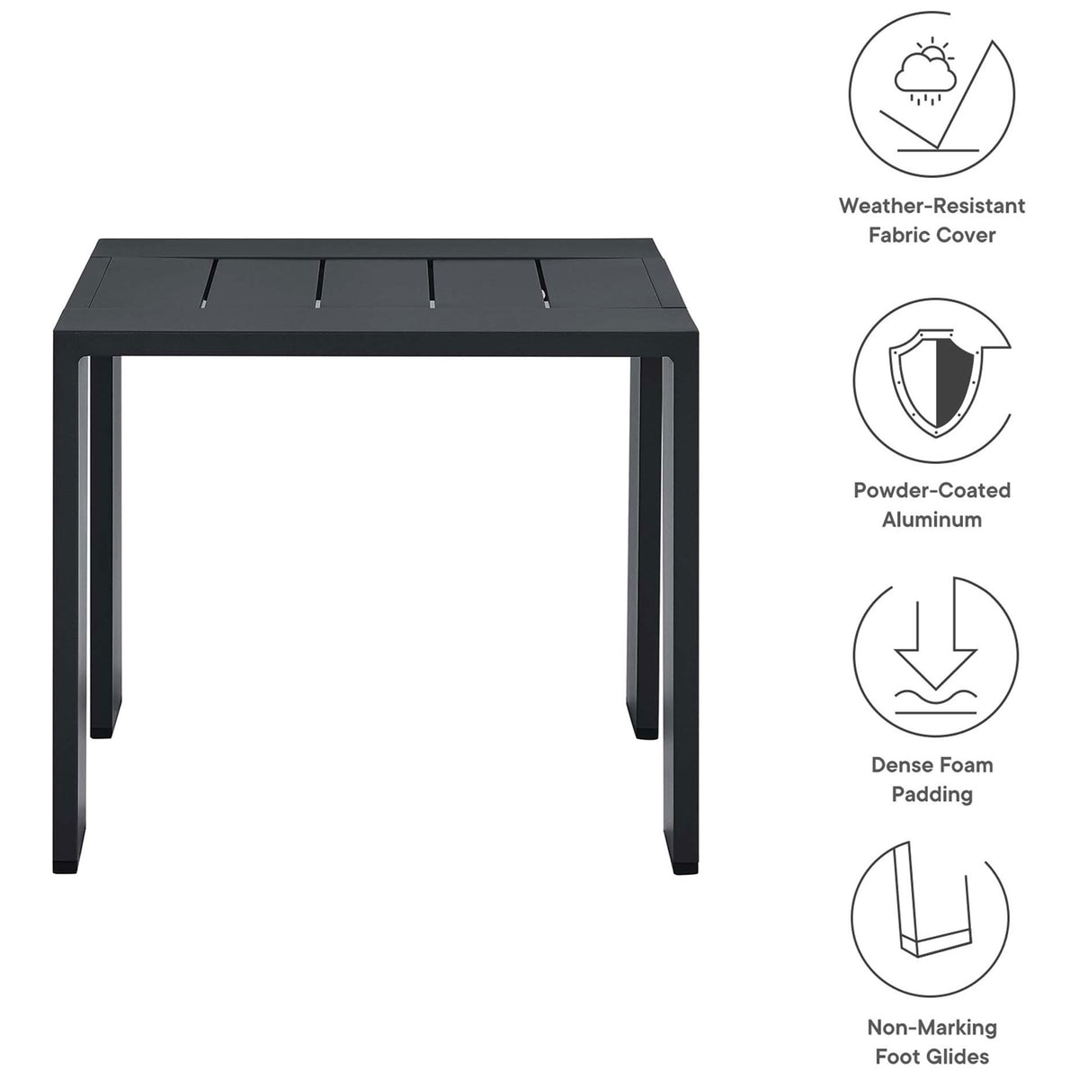 Feature graphic highlighting weather resistant design, powder coated aluminum frame, and non marking foot glides. || EEI-6635-GRY || callout_studio