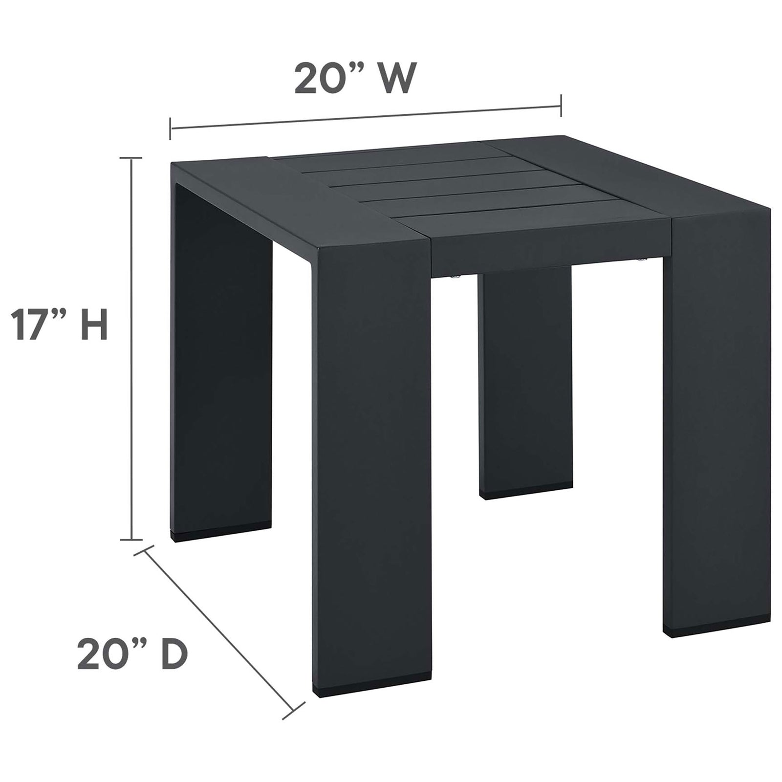 Dimension graphic showing the Tahoe aluminum end table height, width, and depth measurements. || EEI-6635-GRY || dimension_studio