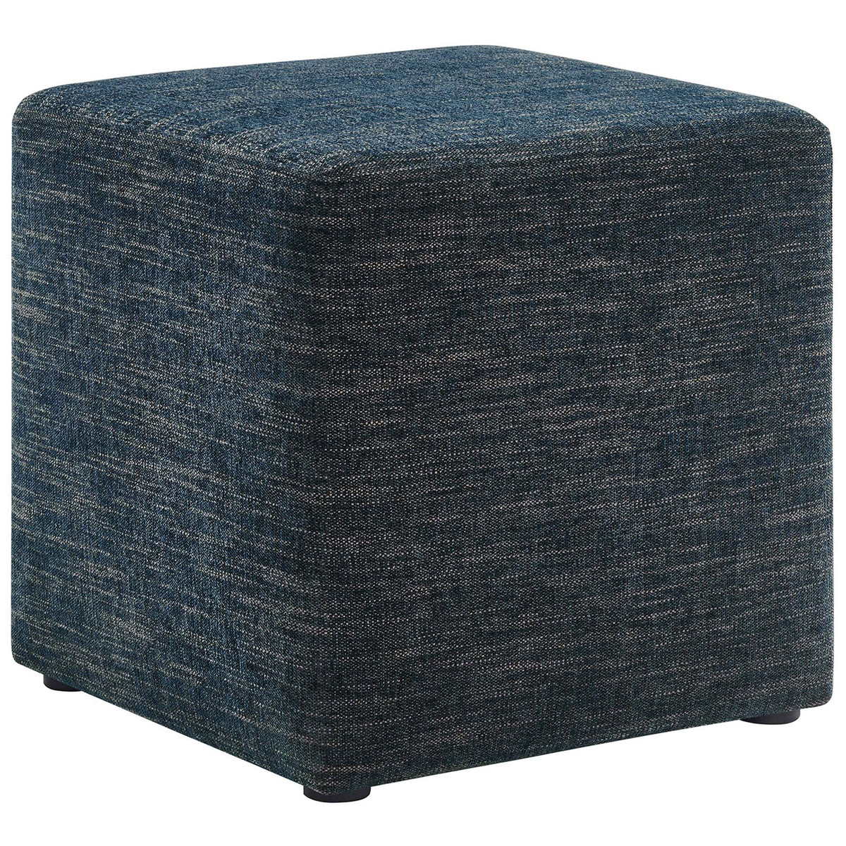Heathered azure cube ottoman with tailored edges and low-profile feet for modern seating or footrest use || EEI-6636-HEA || front_angle_studio
