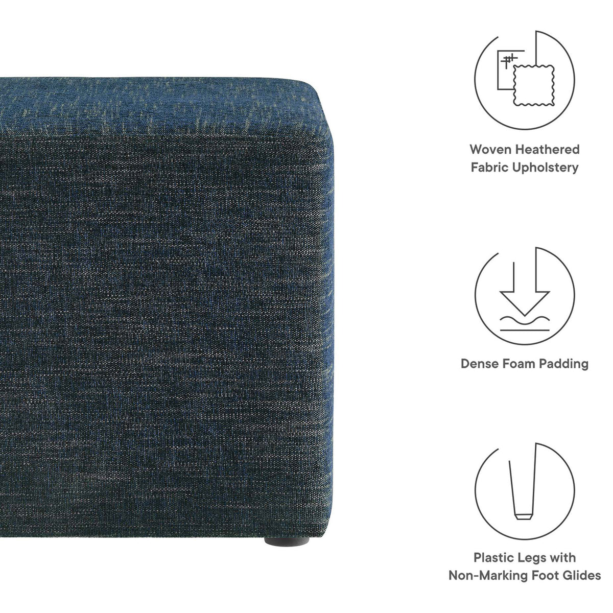 Feature graphic of the ottoman detailing heathered upholstery, dense foam seat, and protective foot glides || EEI-6636-HEA || callout_studio