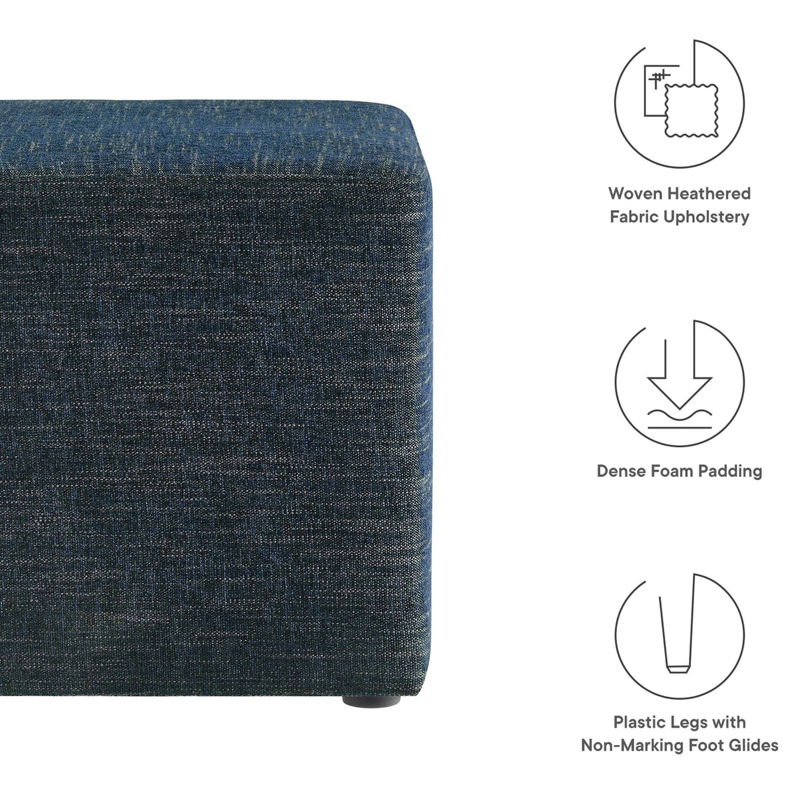 Feature graphic of the ottoman detailing heathered upholstery, dense foam seat, and protective foot glides || EEI-6636-HEA || callout_studio