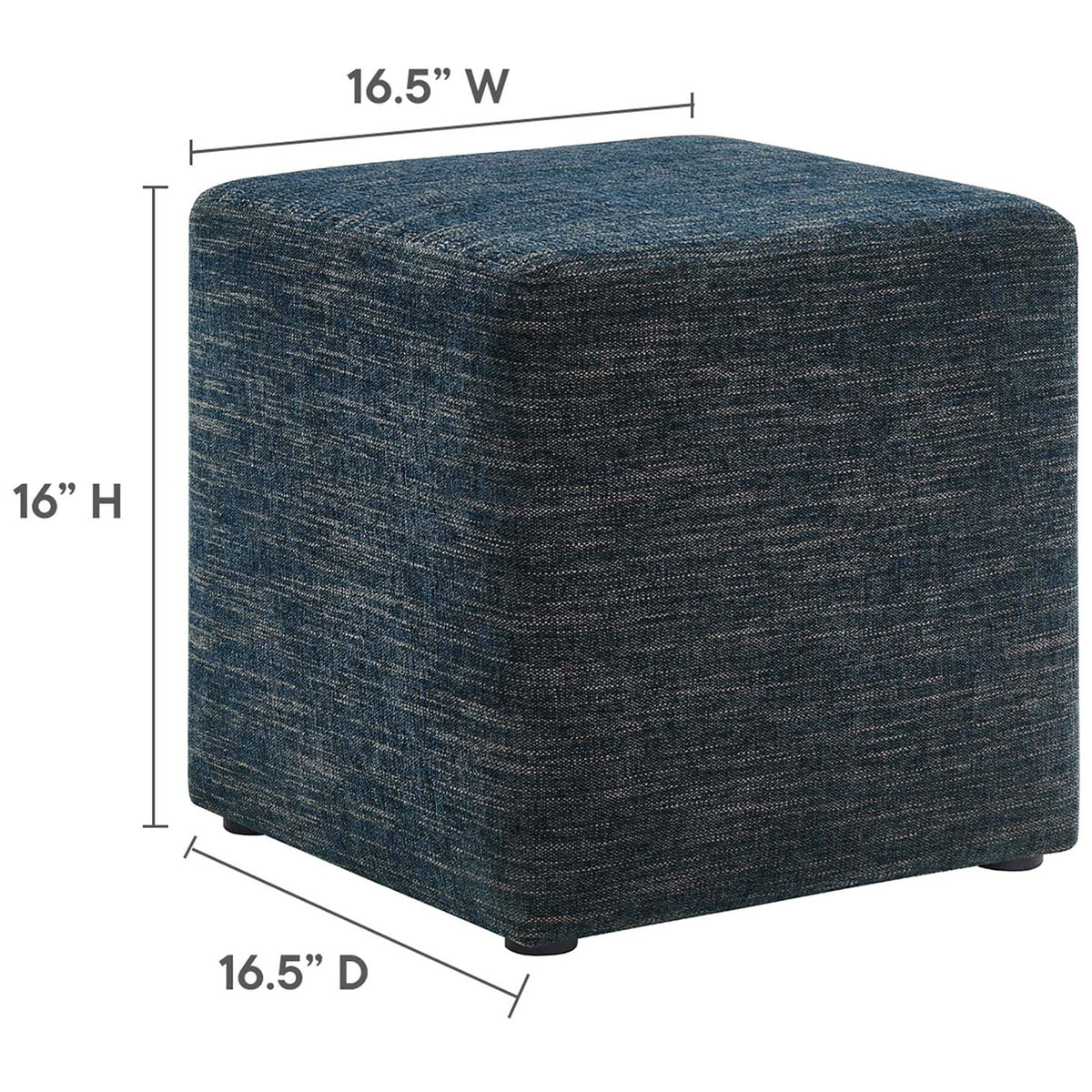 Dimension view of the square ottoman showing its compact 16.5 inch width, depth, and 16 inch height || EEI-6636-HEA || dimension_studio