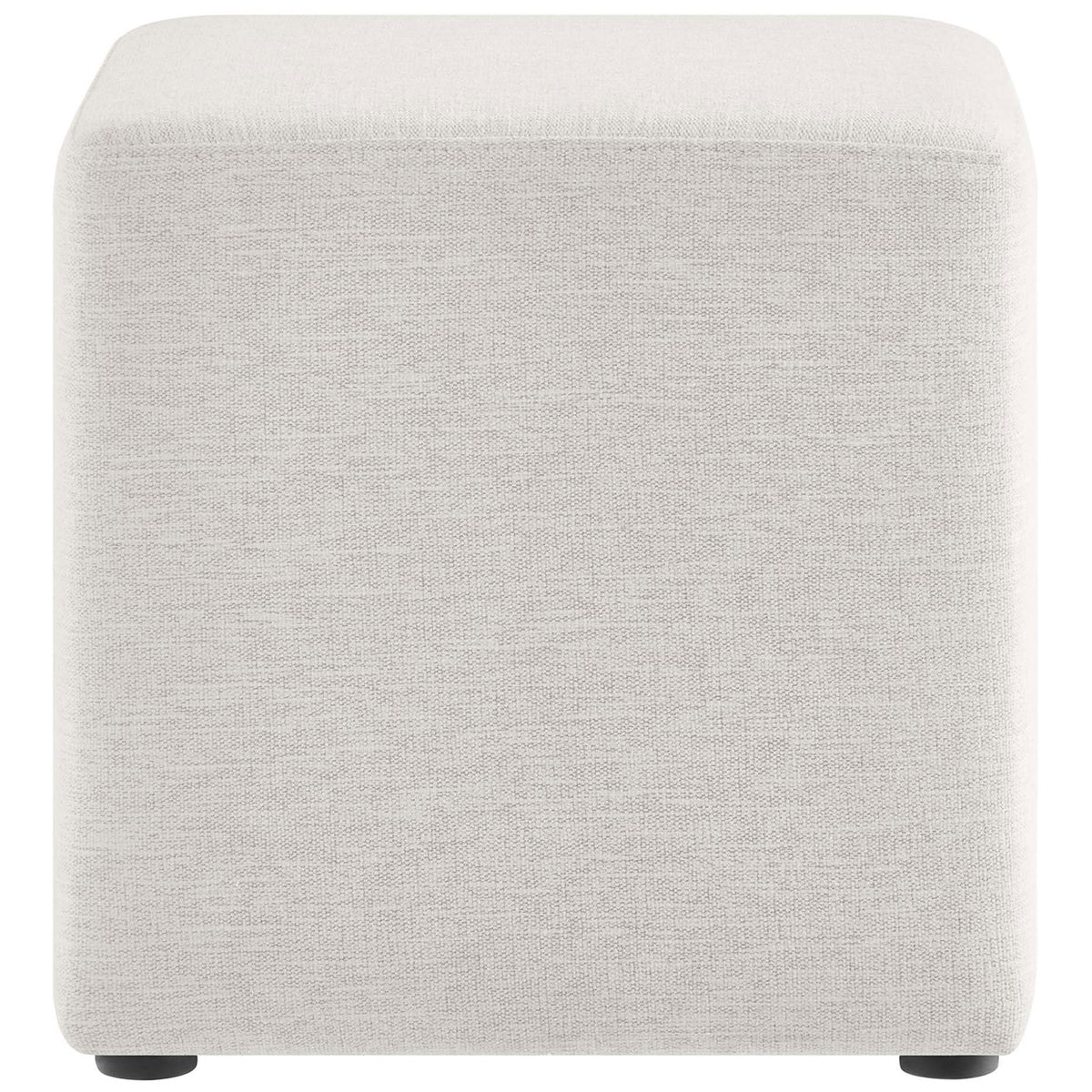 Minimalist ivory ottoman showcasing the sleek side profile and smooth woven upholstery. || EEI-6636-HEI || side_studio