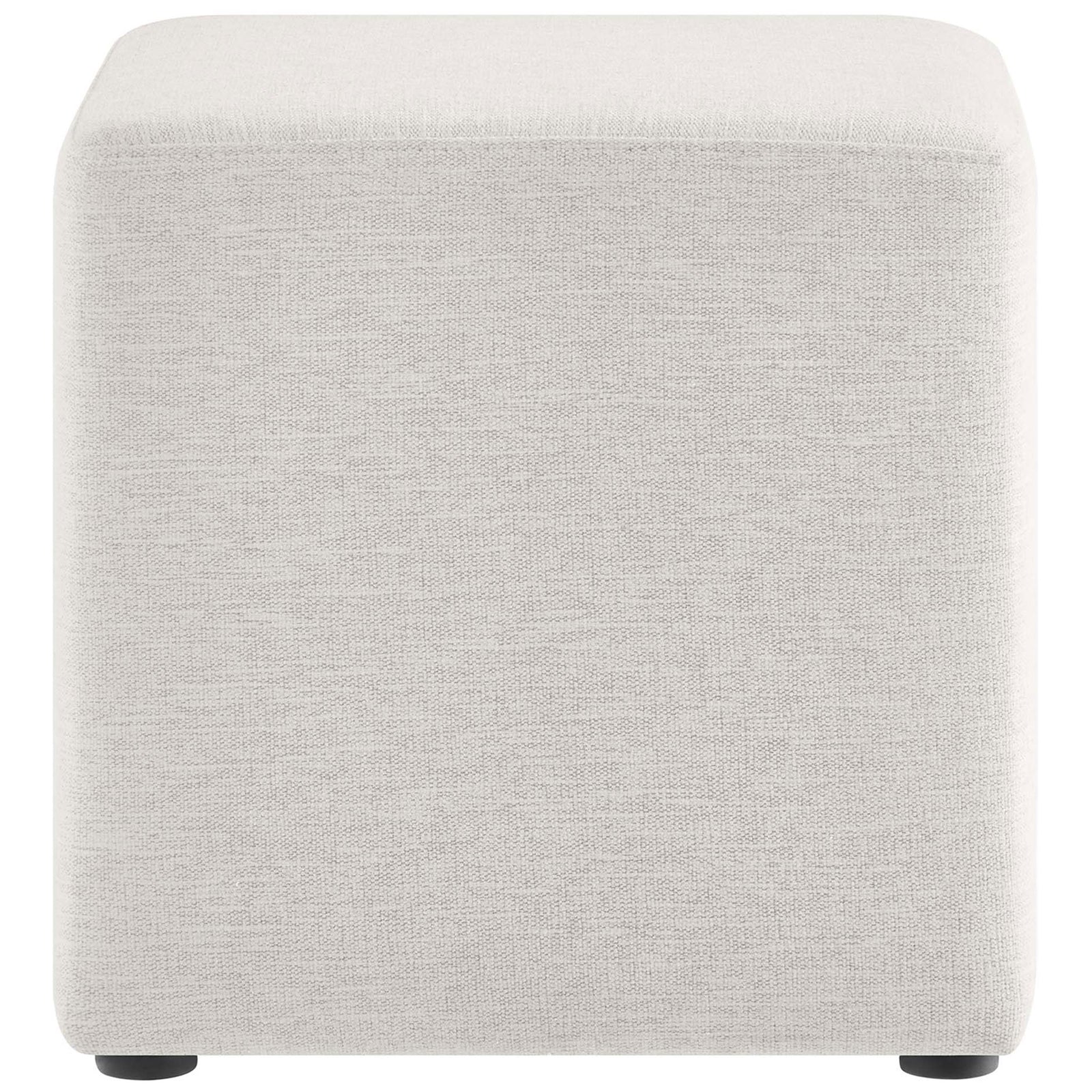 Minimalist ivory ottoman showcasing the sleek side profile and smooth woven upholstery. || EEI-6636-HEI || side_studio