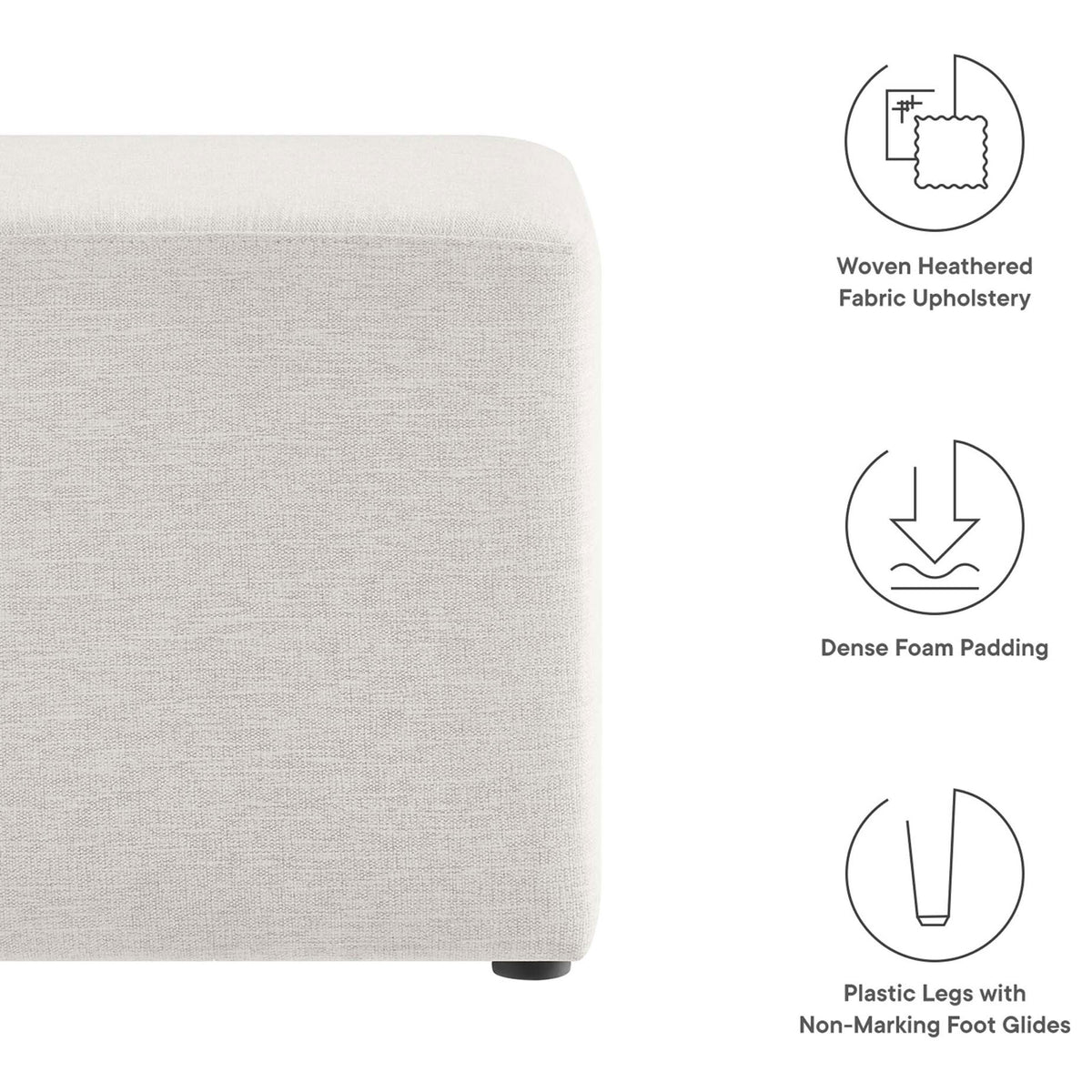 Side view of ottoman with icons highlighting woven fabric, dense foam padding, and protective plastic feet. || EEI-6636-HEI || callout_studio