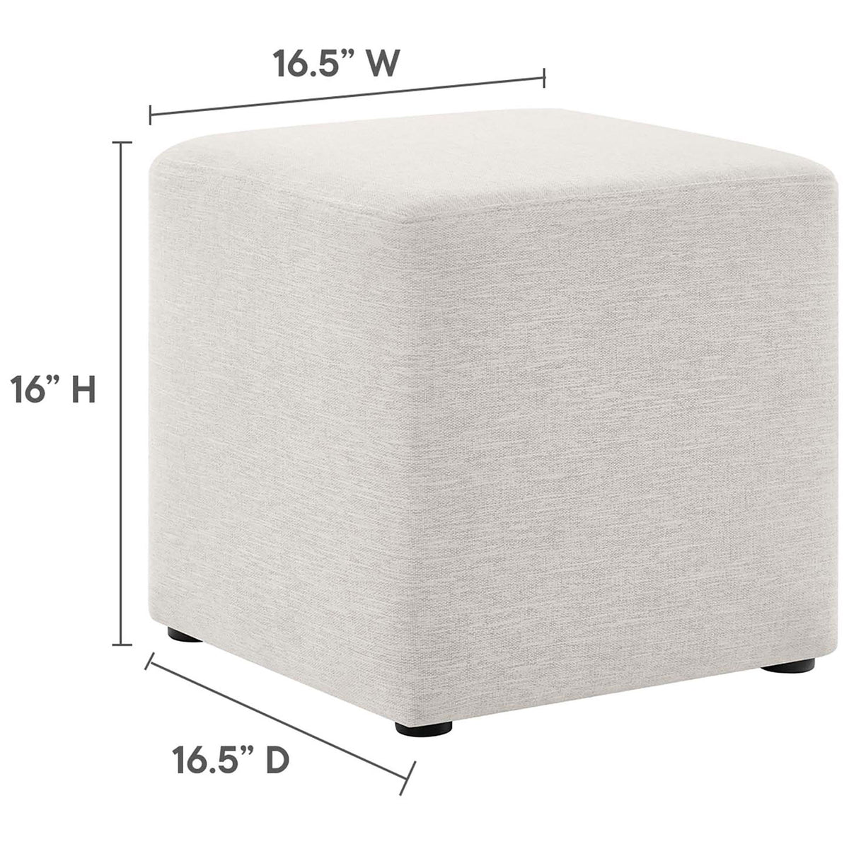 Dimension illustration of the ottoman showing 16.5 inch width and depth and 16 inch height for sizing. || EEI-6636-HEI || dimension_studio