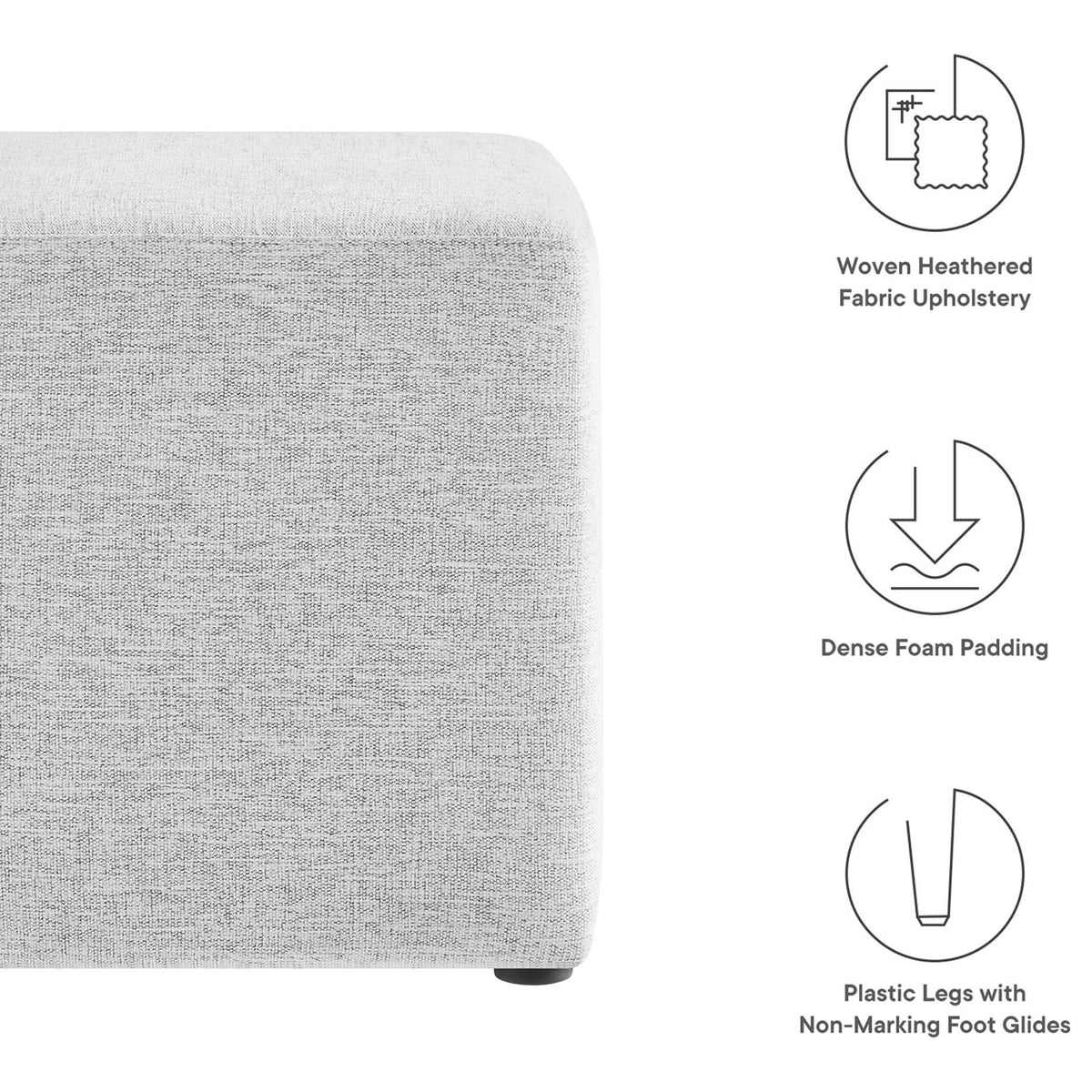 Key ottoman features including heathered fabric, dense foam padding, and non-marking plastic feet || EEI-6636-HLG || callout_studio