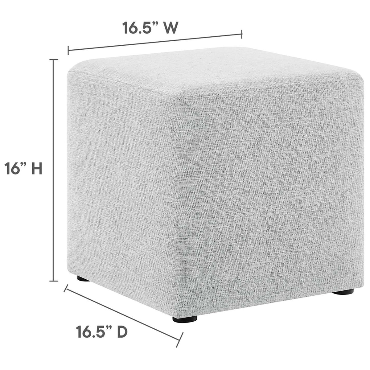 Ottoman with labeled dimensions showing 16.5 inch width and depth and 16 inch height || EEI-6636-HLG || dimension_studio