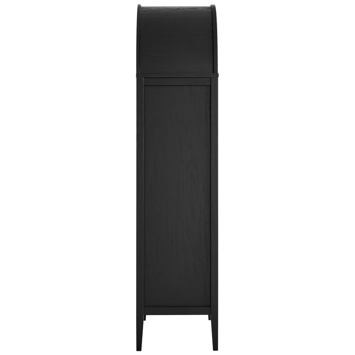 Slim profile of black oak Nolan cabinet with arched top and tapered wood legs || EEI-6639-BLK-OAK || side_studio