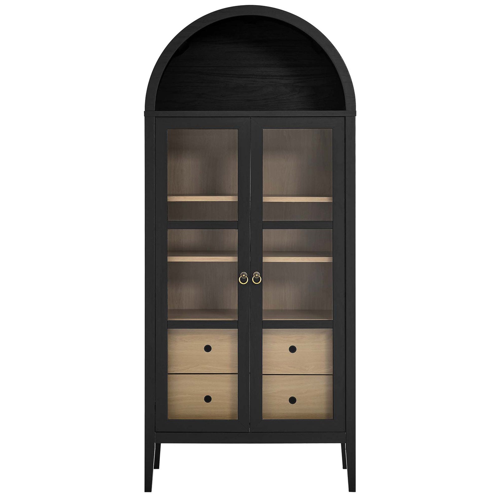 Black oak arched display cabinet with glass doors and contrasting light wood interior || EEI-6639-BLK-OAK || front_studio
