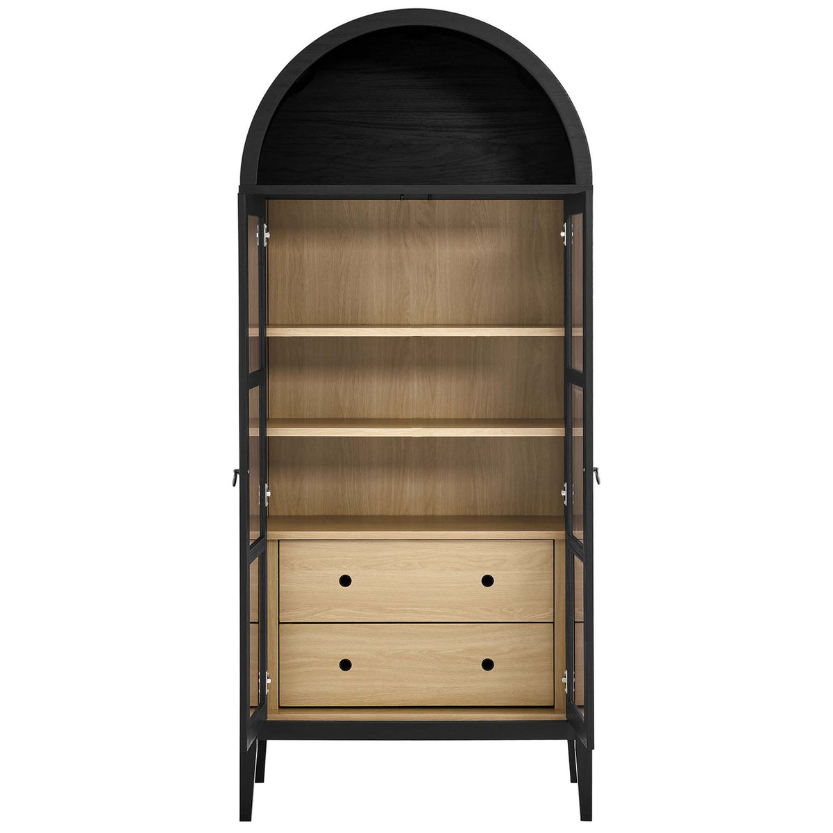 Black oak cabinet showcasing open interior shelves and two spacious light wood drawers || EEI-6639-BLK-OAK || front_open_studio