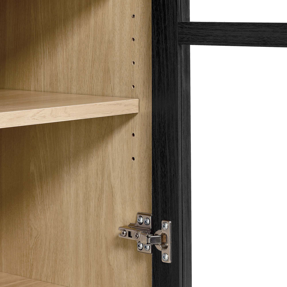 Soft close hinge and adjustable shelf hardware inside the black oak storage cabinet || EEI-6639-BLK-OAK || detail_studio