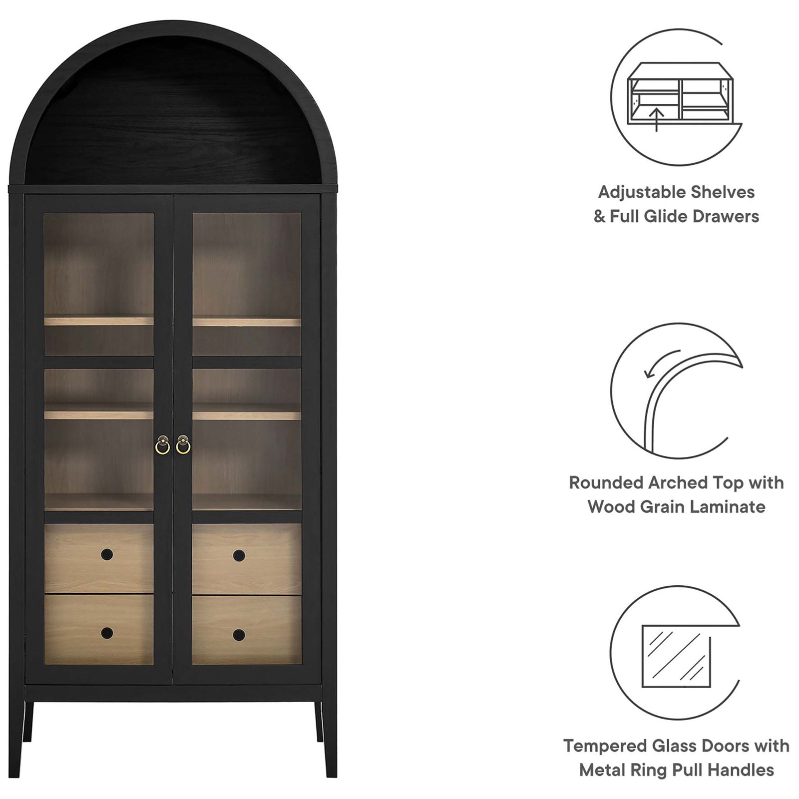 Nolan black oak cabinet features adjustable shelves, full glide drawers, and tempered glass doors || EEI-6639-BLK-OAK || callout_studio
