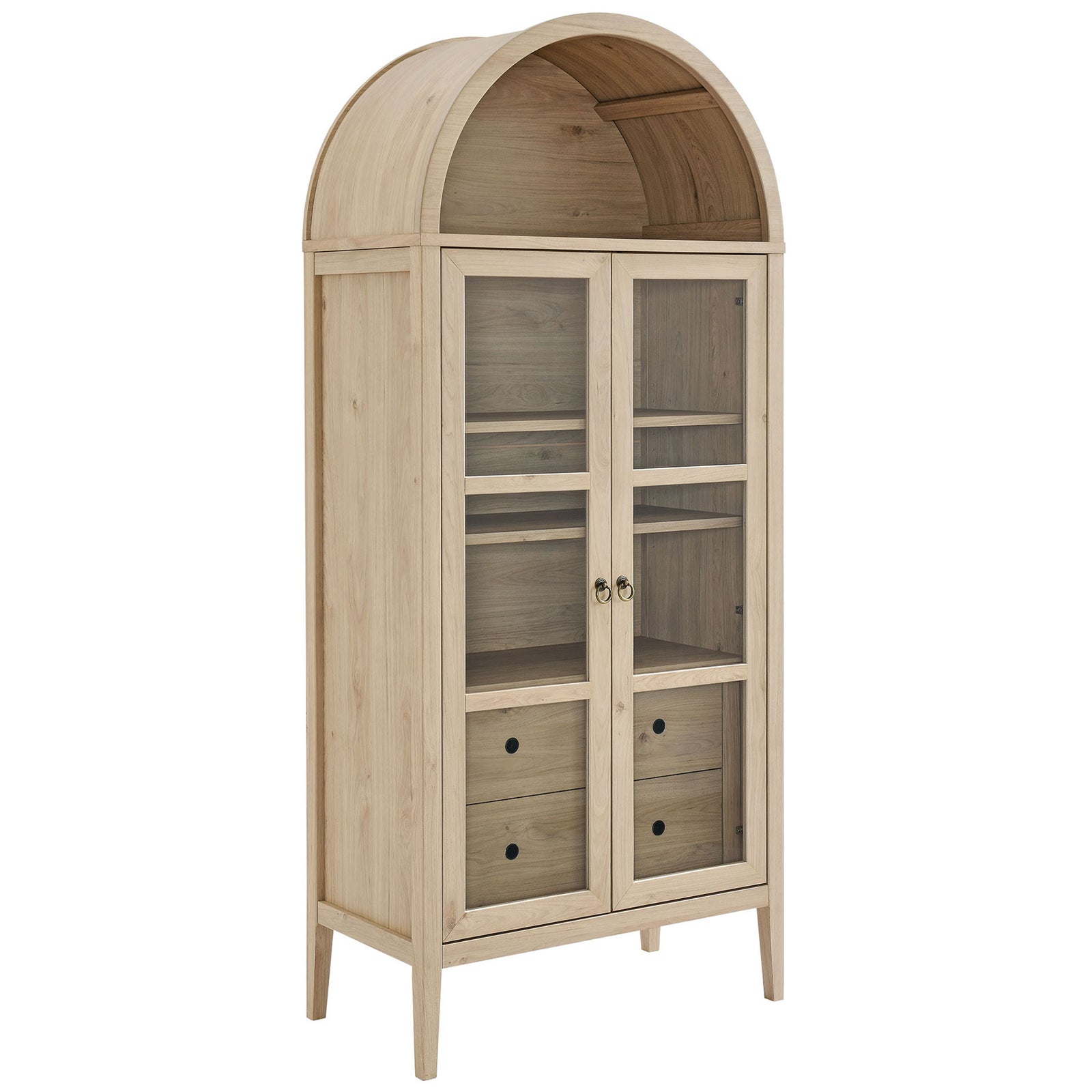 Tall light oak arched cabinet with glass doors and warm grain detail throughout || EEI-6639-LOA || front_angle_studio