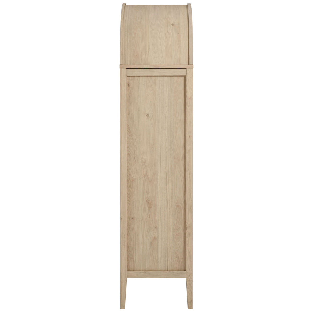 Streamlined side silhouette of the light oak Nolan cabinet with arched top and slim legs || EEI-6639-LOA || side_studio