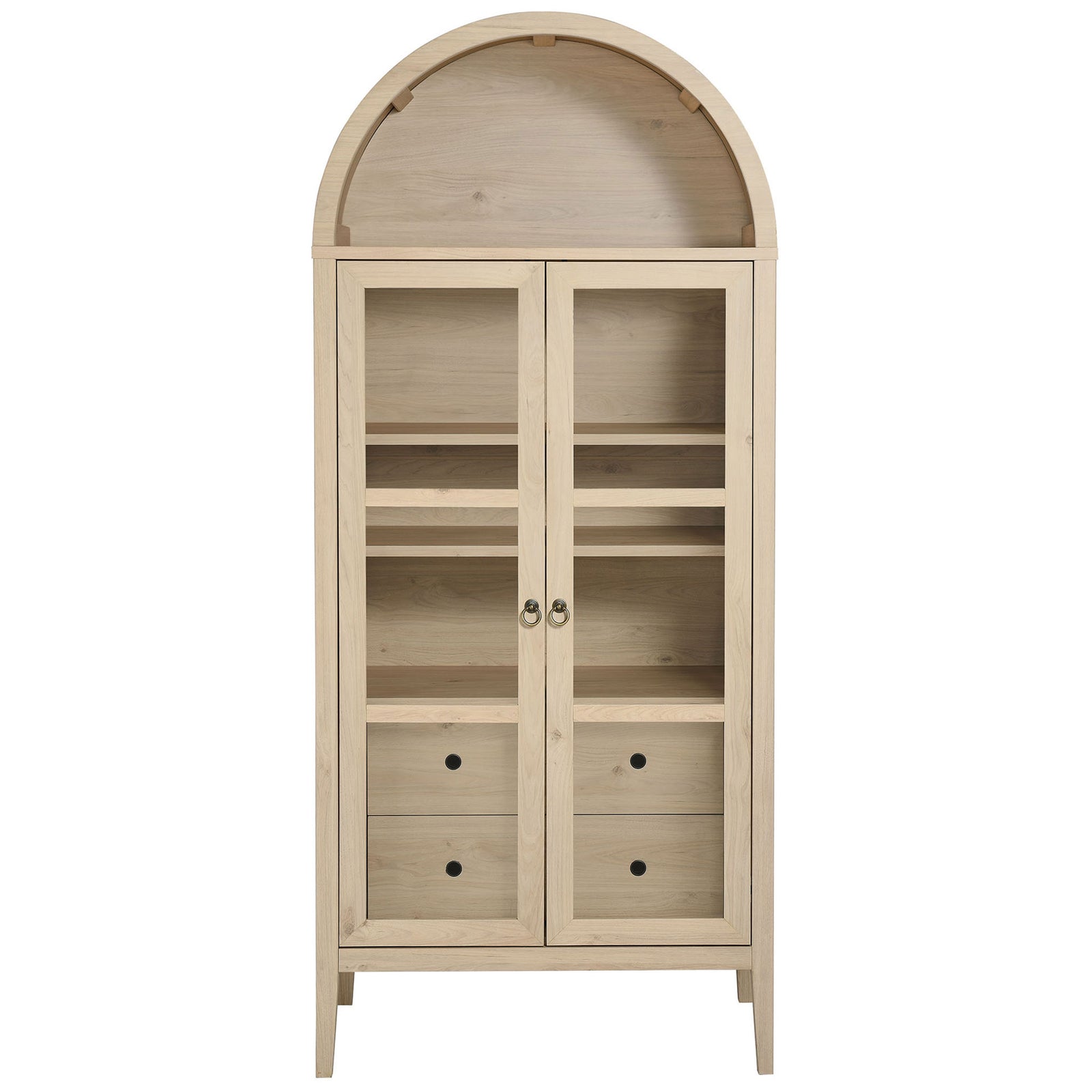 Light oak arched display cabinet with glass doors and matching wood shelves and drawers || EEI-6639-LOA || front_studio
