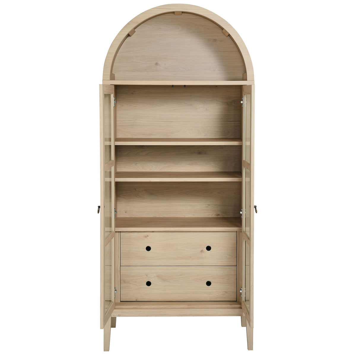 Light oak cabinet with doors open, showing adjustable shelving and two generous drawers || EEI-6639-LOA || front_open_studio