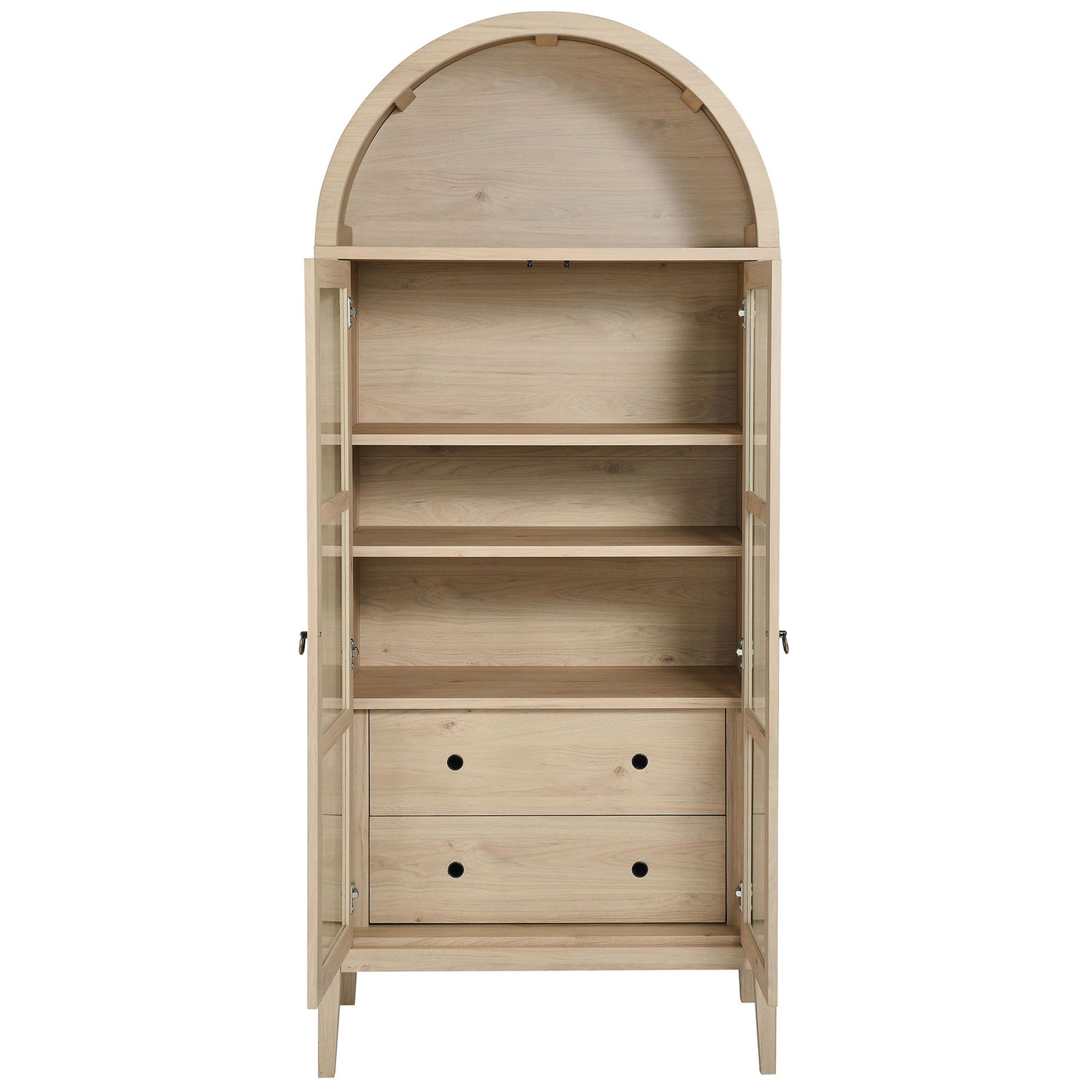 Light oak cabinet with doors open, showing adjustable shelving and two generous drawers || EEI-6639-LOA || front_open_studio