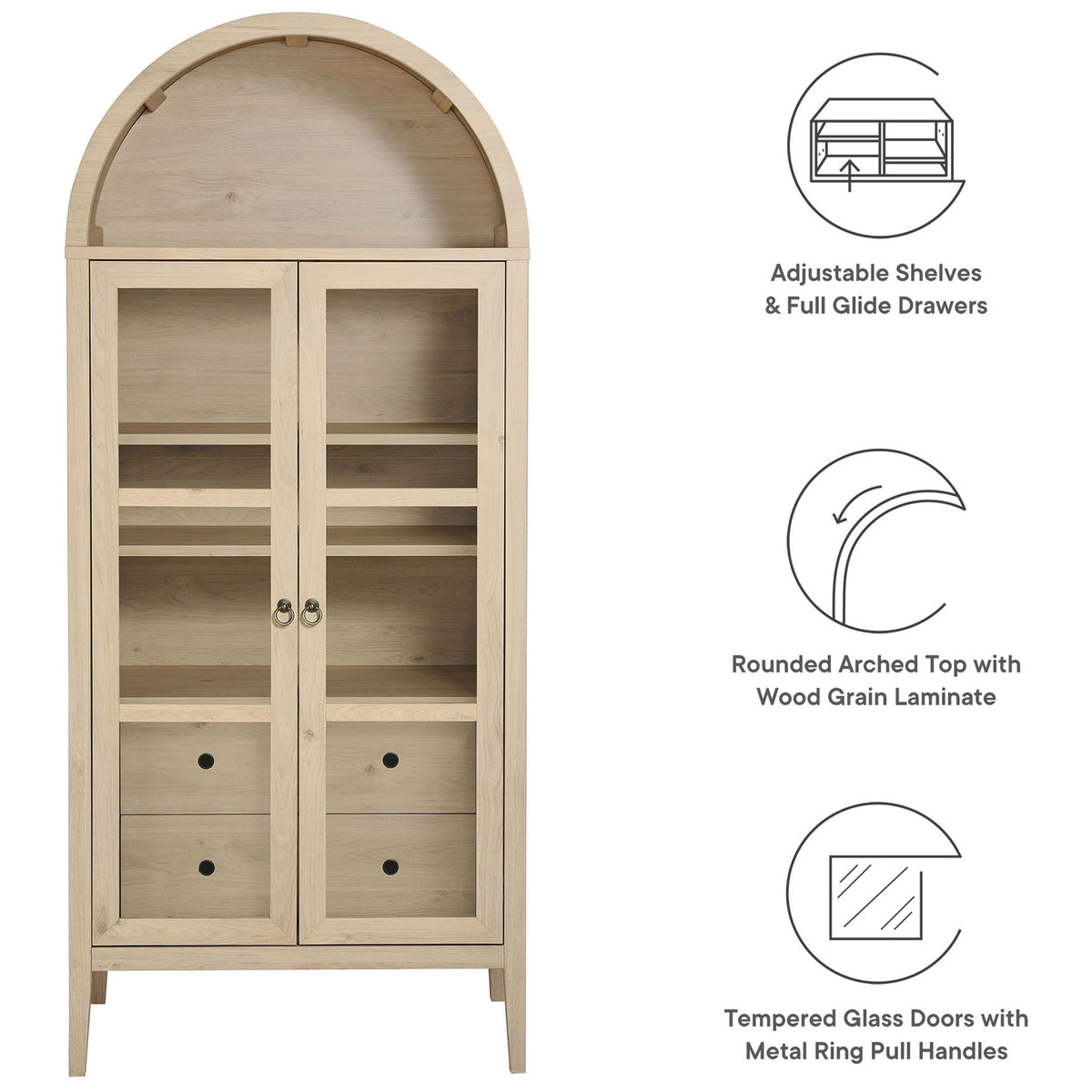 Highlights of the light oak Nolan cabinet including adjustable shelves and tempered glass doors || EEI-6639-LOA || callout_studio